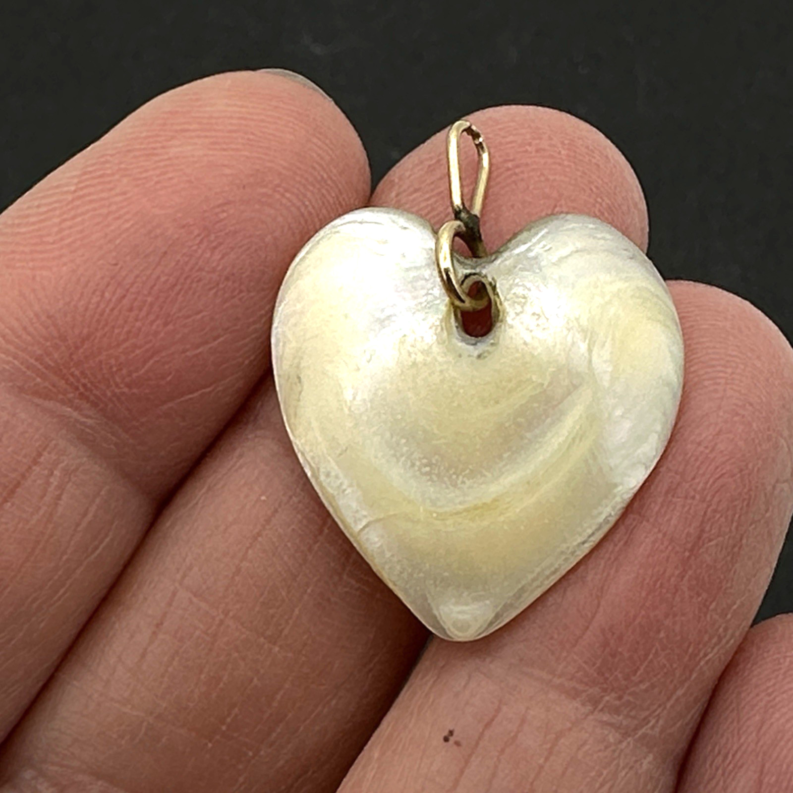 MOTHER OF PEARL vintage heart pendant – 14K yellow gold bail carved white shell