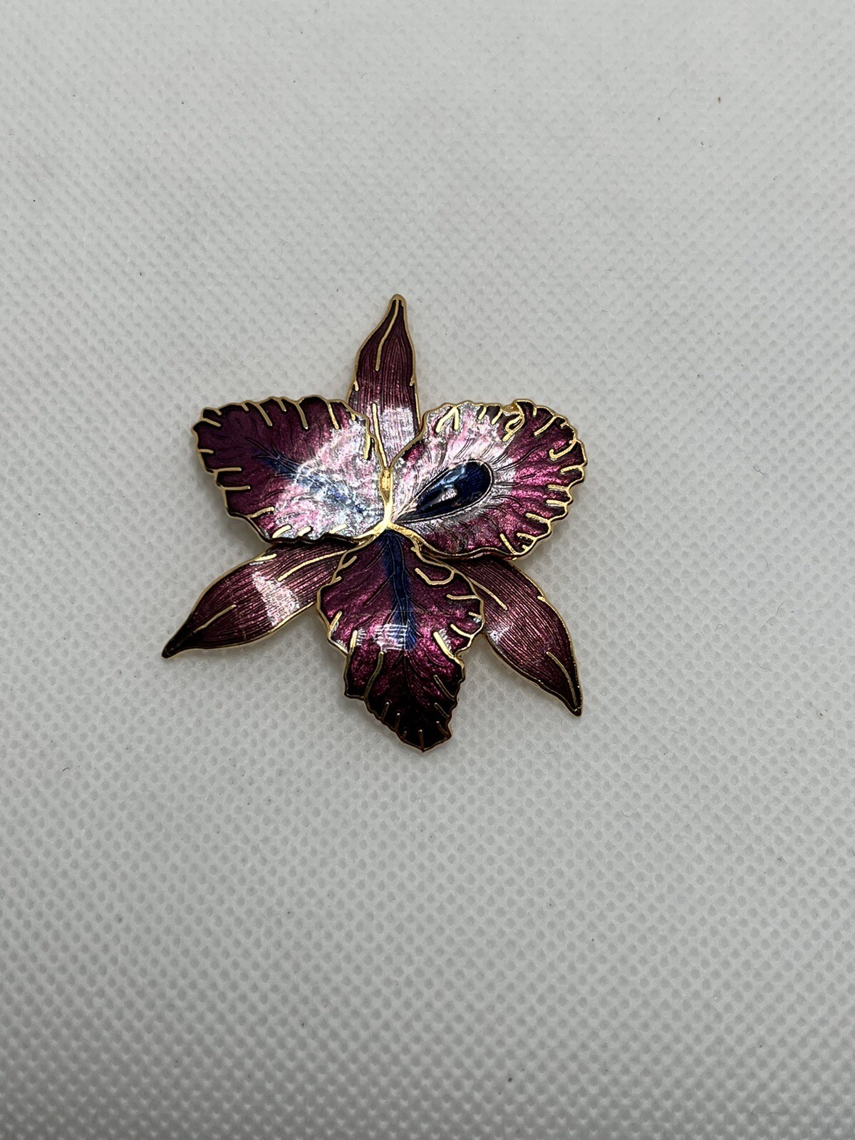 Large Gold Tone & Purple Enamel Orchid Brooch Pin STATEMENT PIECE signed M jewel