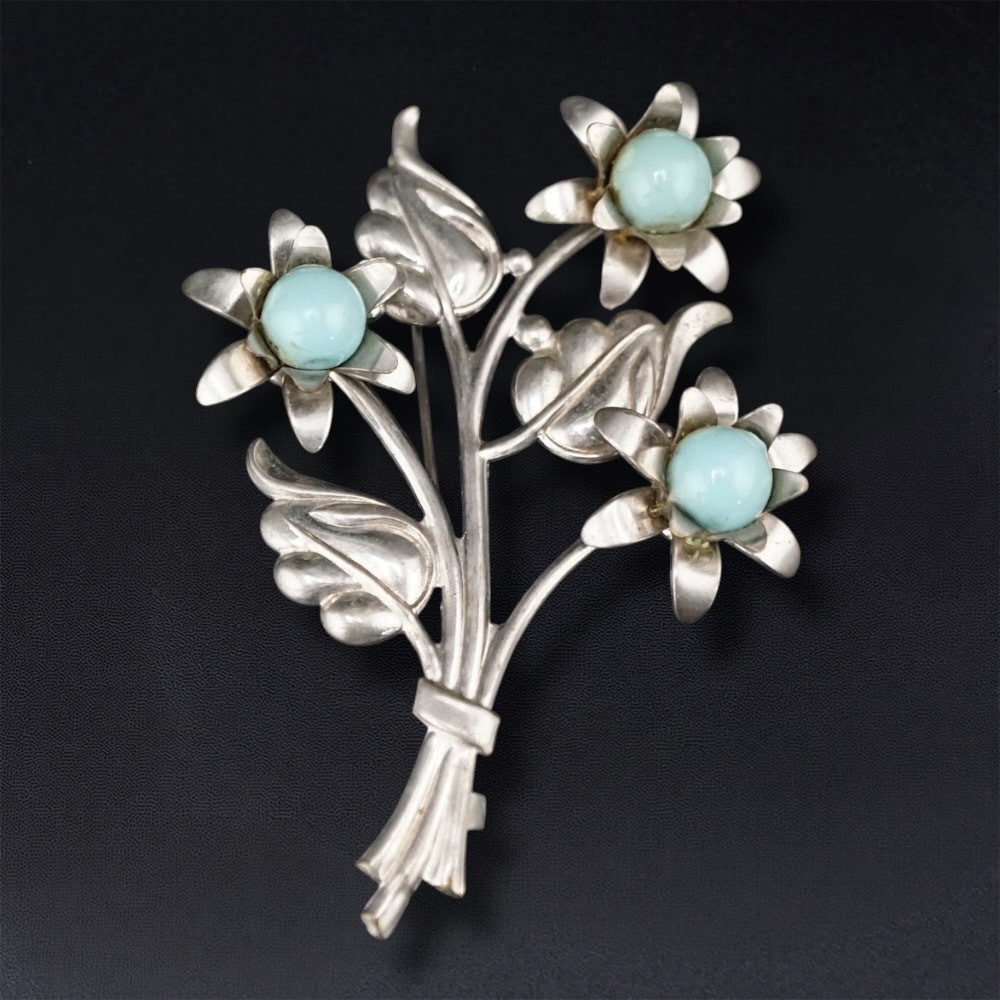 Vintage Floral Bouquet 3.5 in Brooch Blue Bead Silver Tone Statement Pin Retro