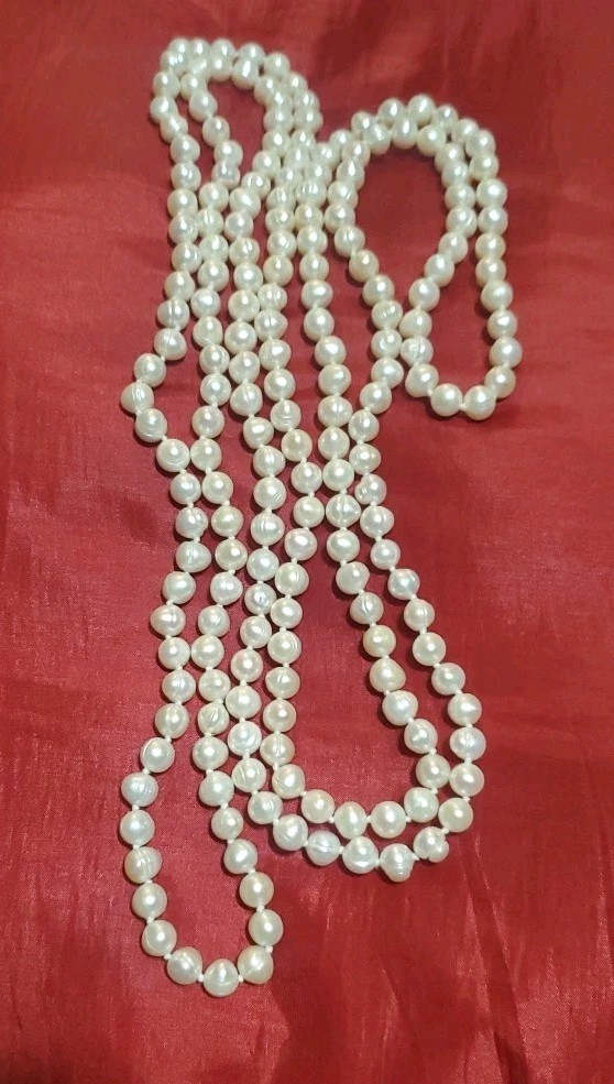 Vtg 64in Continuous Freshwater Pearl Necklace White Rope Strand Knotted 107g