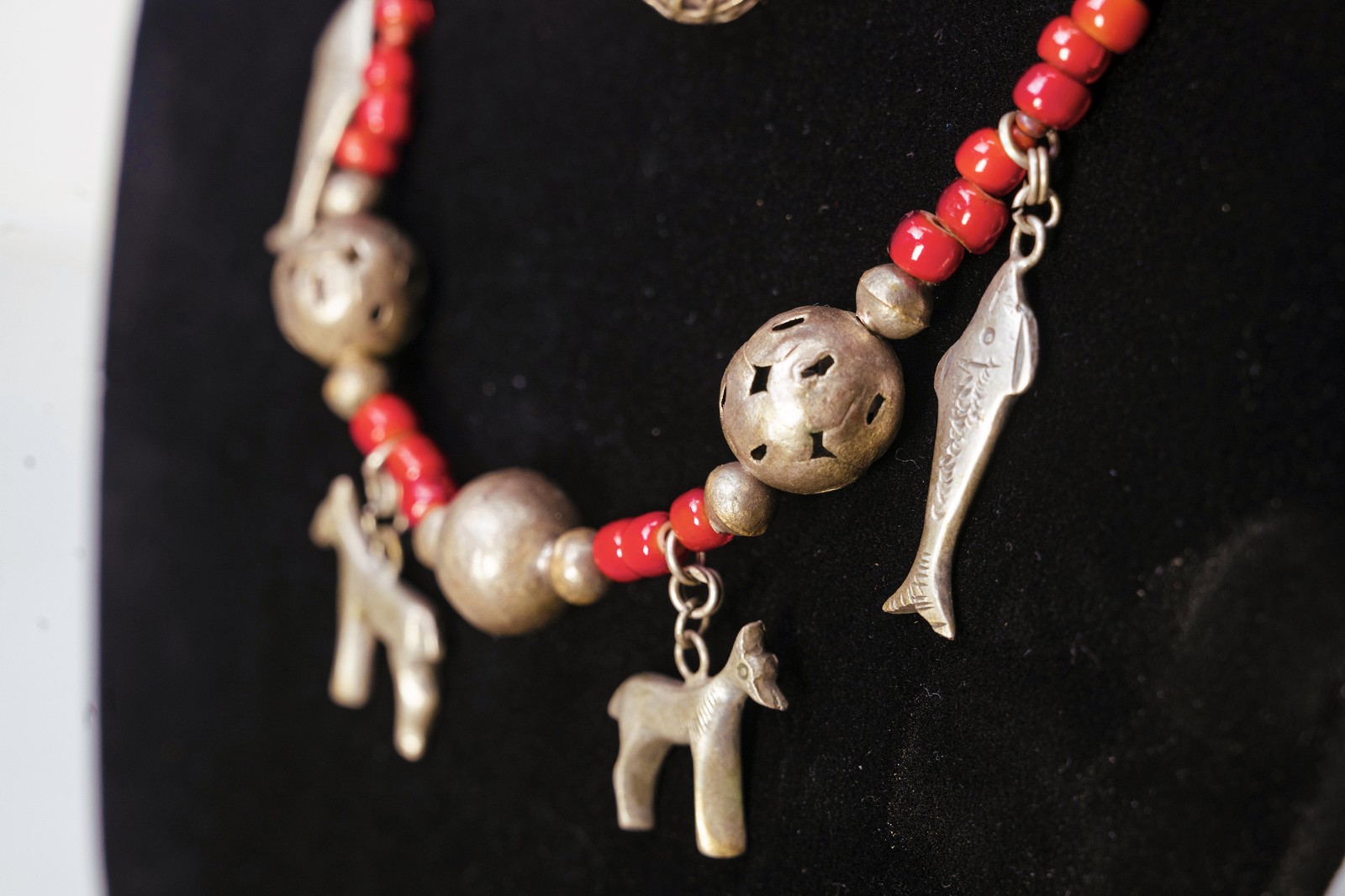 VTG Chachal Necklace w/ White Heart Beads, Guatemalan Coins, & Milagros Charms