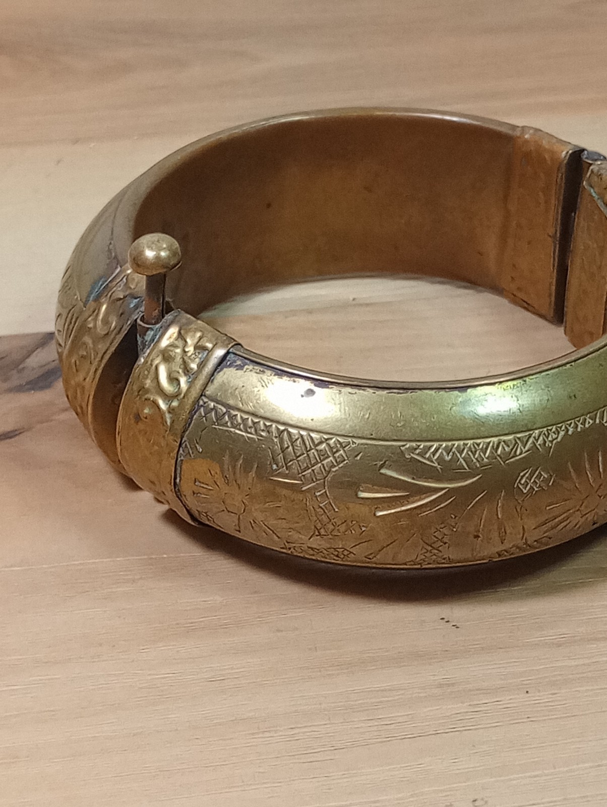 Vintage hinged brass bangle bracelet with etchings/ pin closure Morocco Or India
