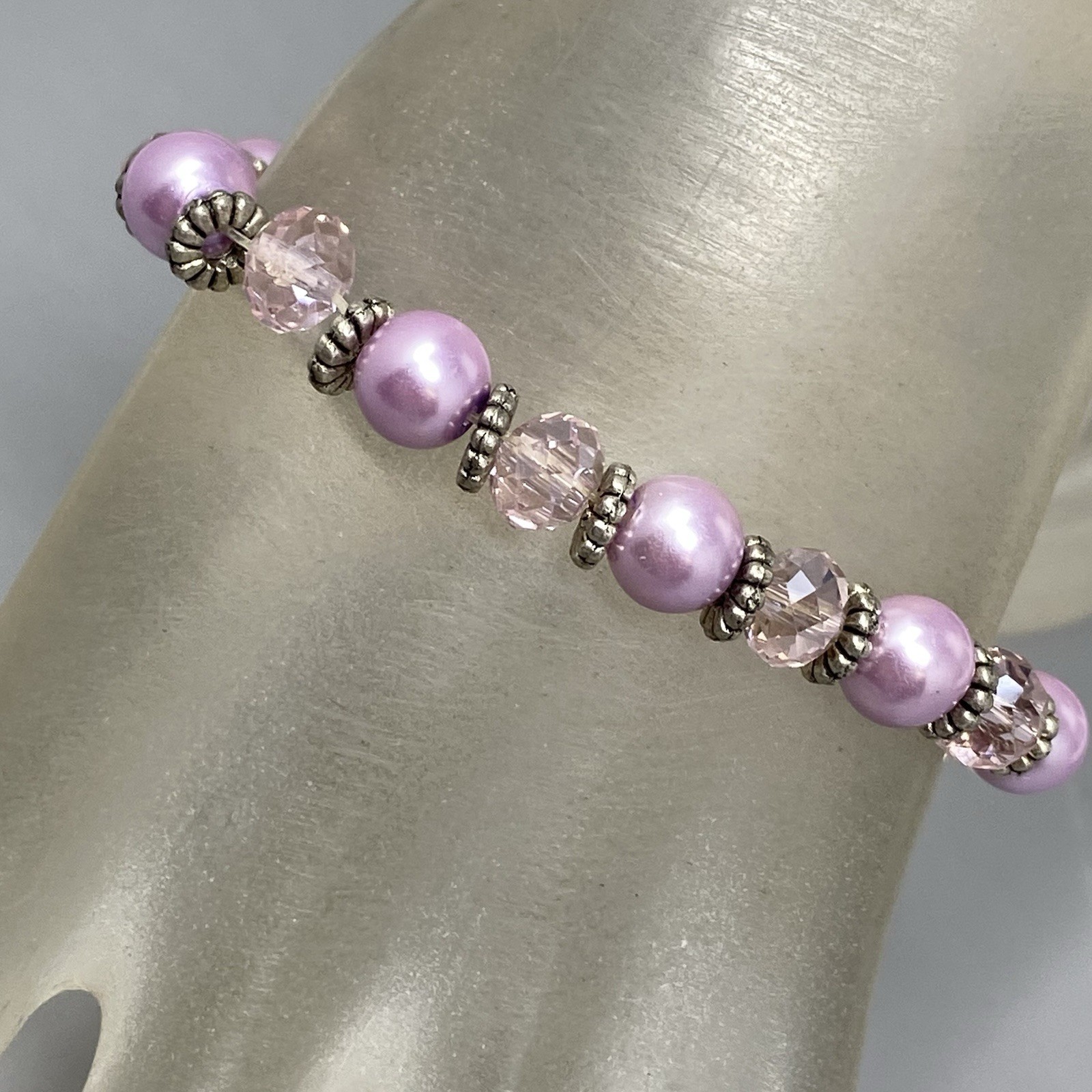 Purple Glass Bead Bracelet Sterling Silver Cat Dangle Charm Faceted Stretch 6.75