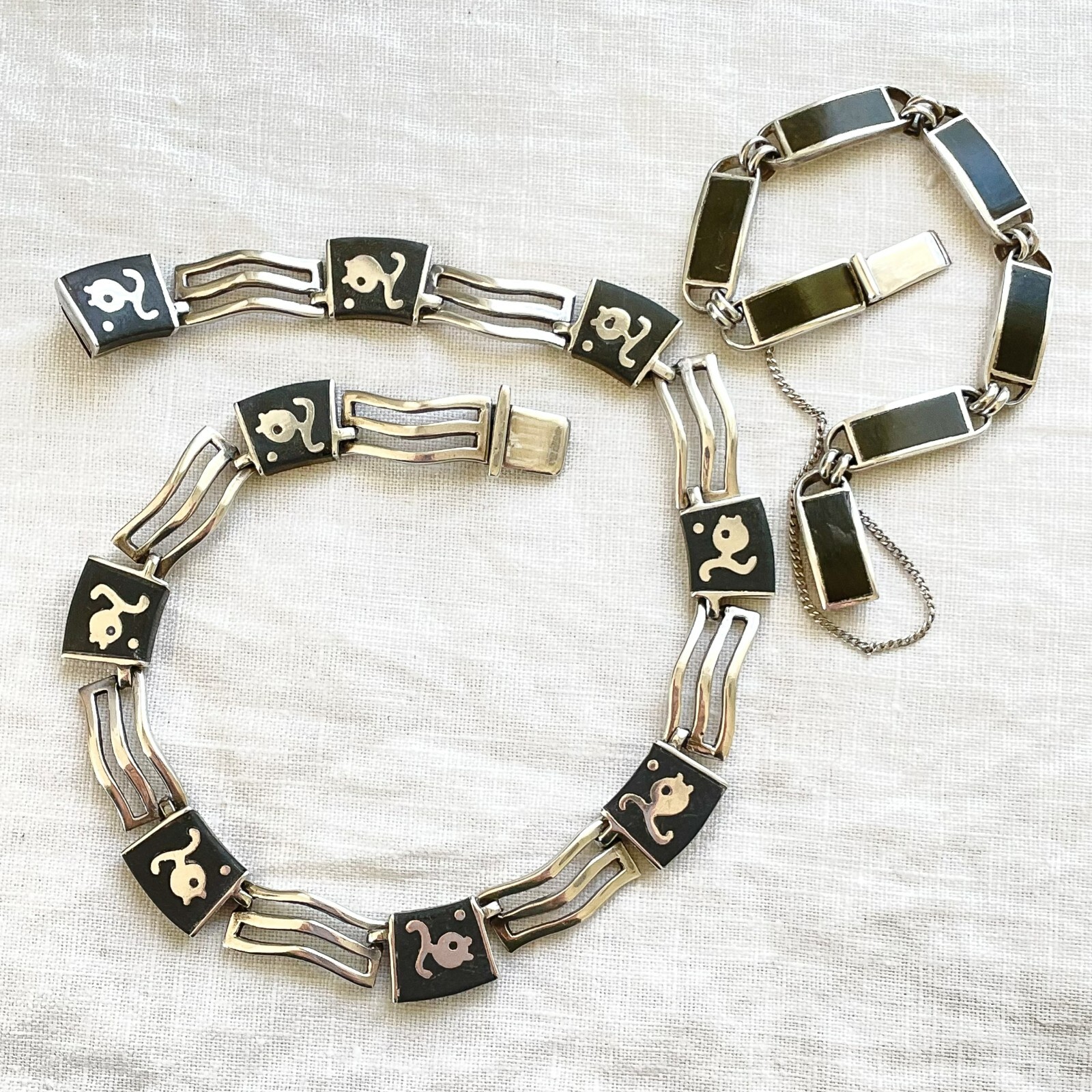 Vintage Los Castillo Onix Negro Fish Necklace/Bracelet Set, Sterling Silver Onyx