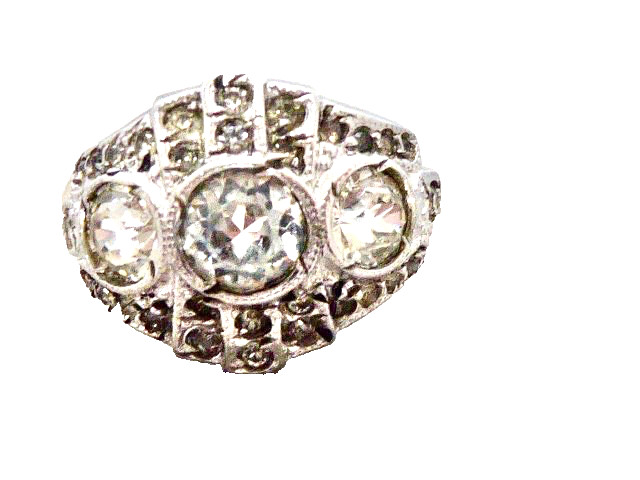 ANTIQUE EDWARDIAN 10K YG ON STERLING SILVER SIZE 6.75 CLEAR STONE RING DECO RING