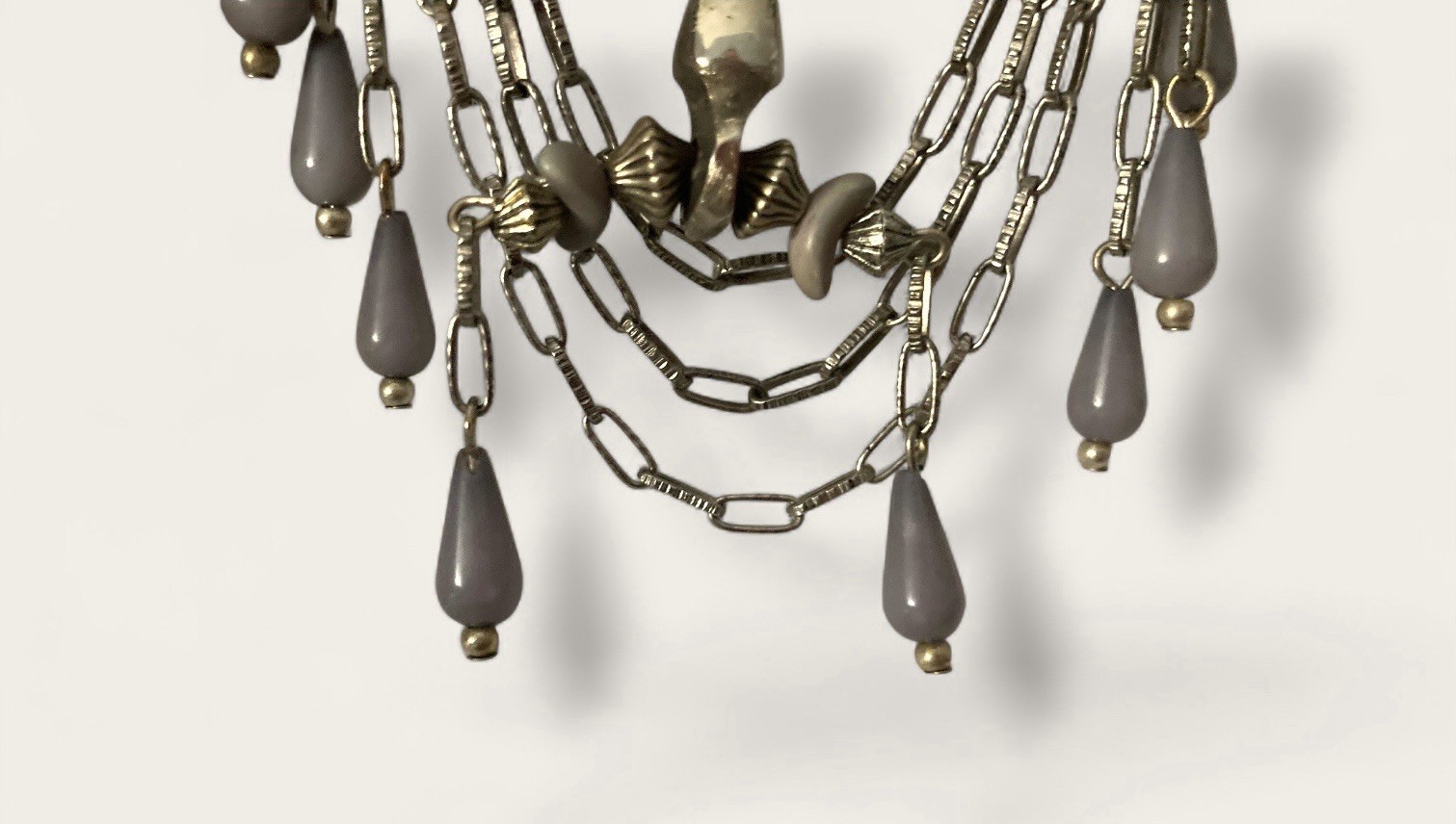 Tuareg Brooch Etched Morocco Silver Tone Lavender Teardrop Stones Swag Chains 5”