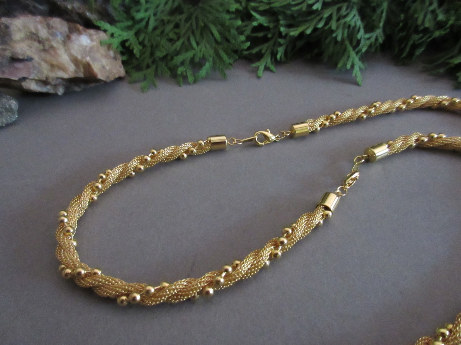 Vintage Gold Tone Twisted Mesh Rope Beaded Necklace & Bracelet Set