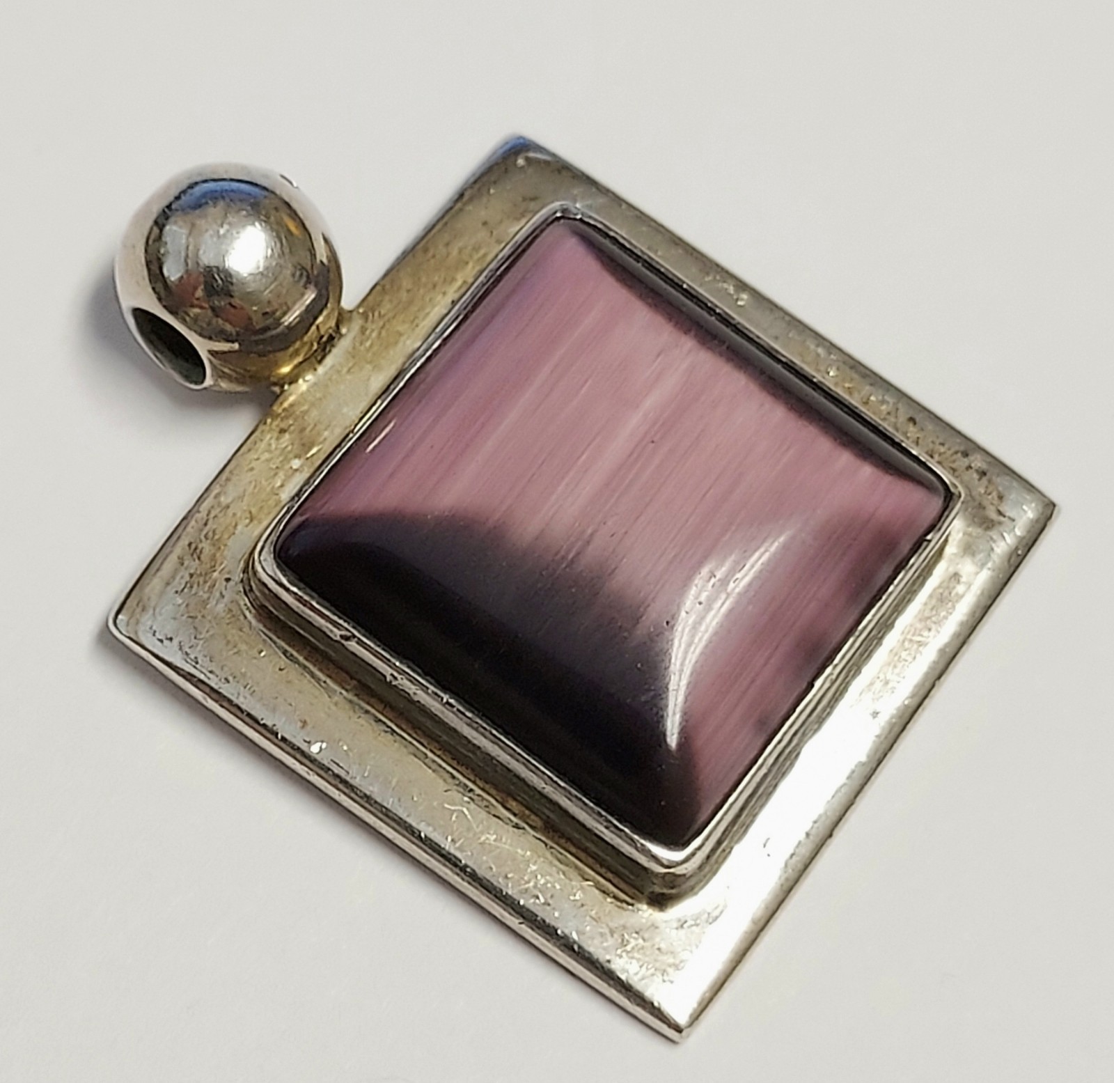 Vintage ATI Mexico Sterling Silver Pendant 925 Purple Stone Cabochon Cats Eye