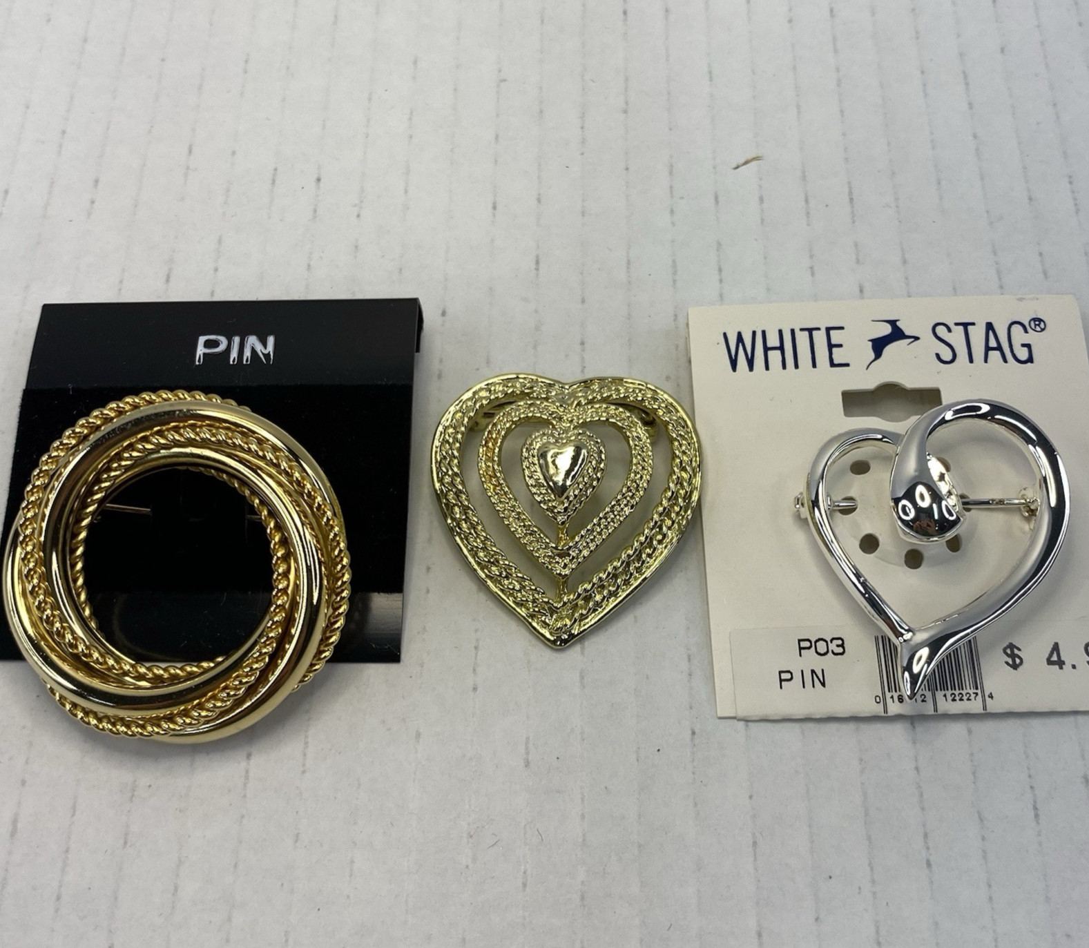 Lot Of 3 Brooch Pins Heart Silver Gold “White Stag” Triple Heart Woven Rope
