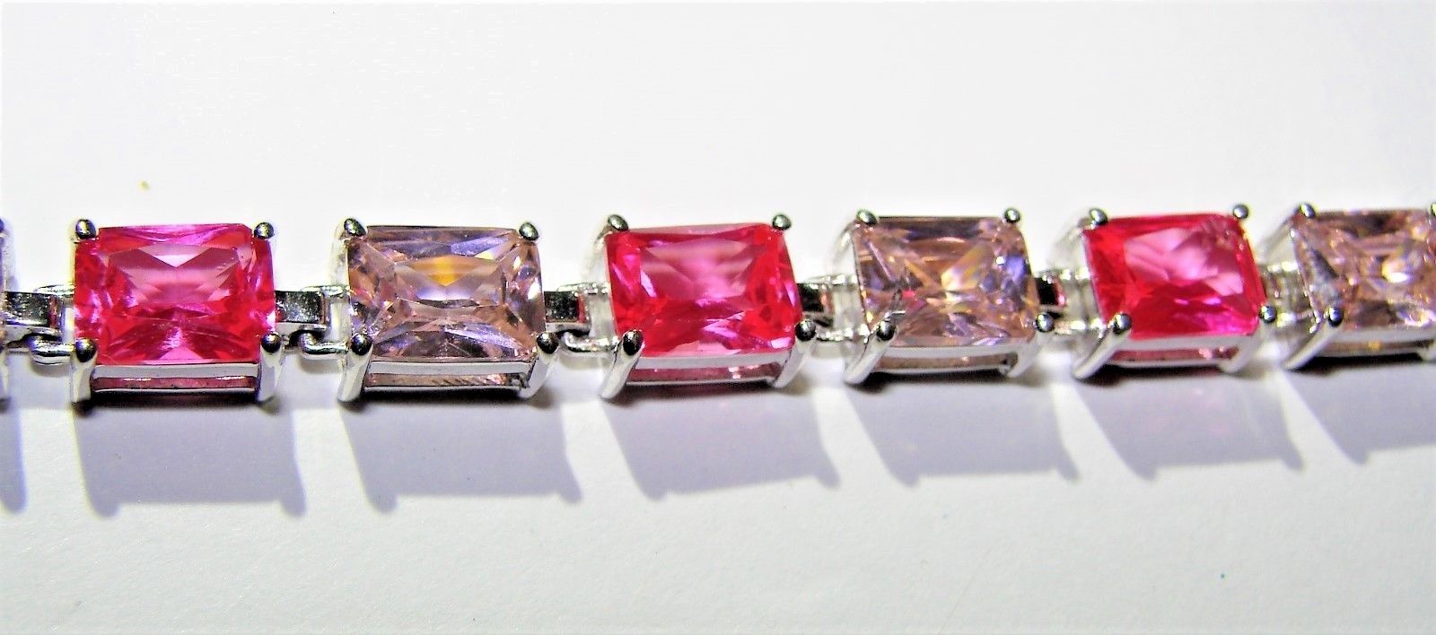 STERLING SILVER PINK EMERALD CUT CZ 925 TENNIS BRACELET 7.5″ X 6MM 21.4g EC