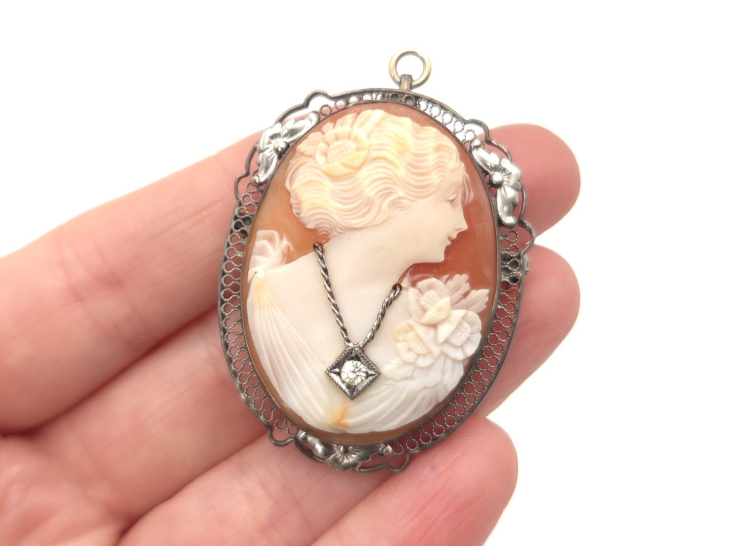 Art Deco Sterling Silver Carved Shell Habille Cameo Paste Stone Brooch Pendant