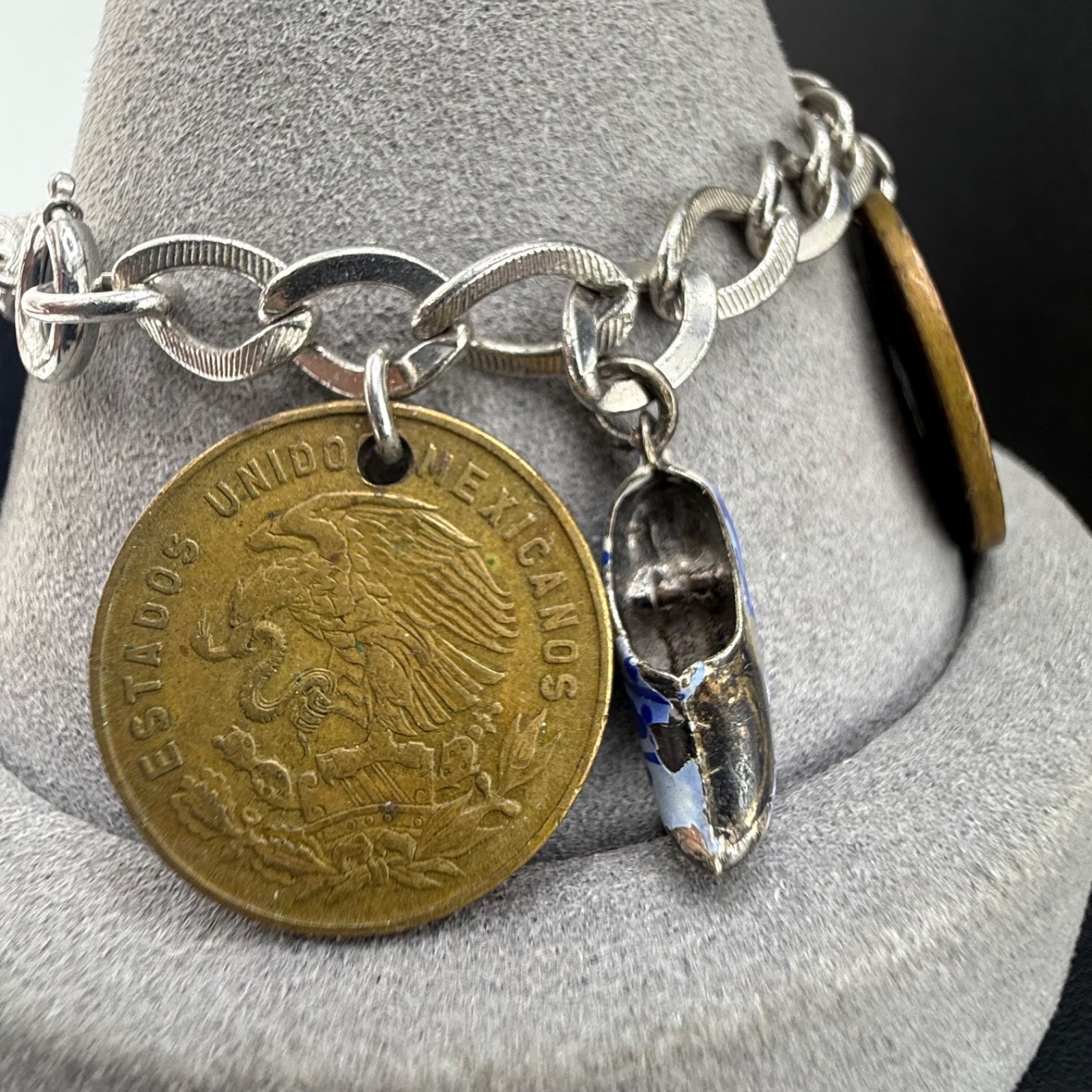 Vintage Travel Coin Charm Bracelet Europe Mexico Some 800 Silver 6.5”