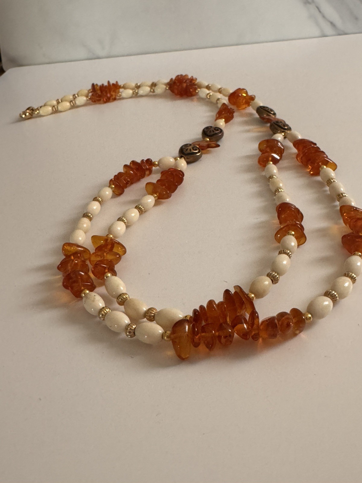 Vintage Lee Sands Double Strand Amber Bead Necklace Heart Spacer Boho Coastal