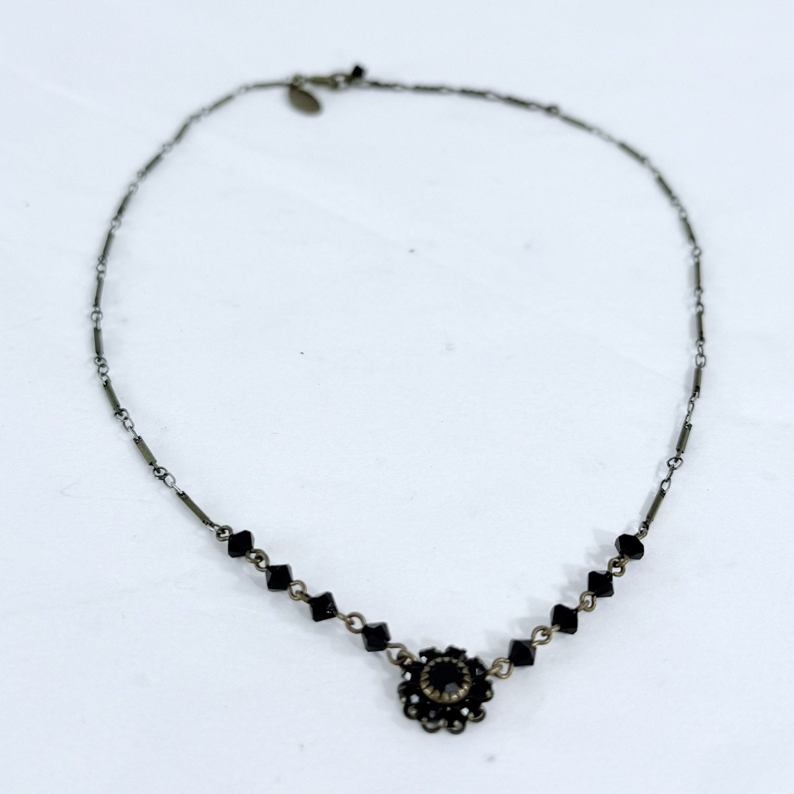 Vintage LIZ PALACIOS SF Dainty Black Rhinestones Gold Tone Bar Link Chain 16.5in