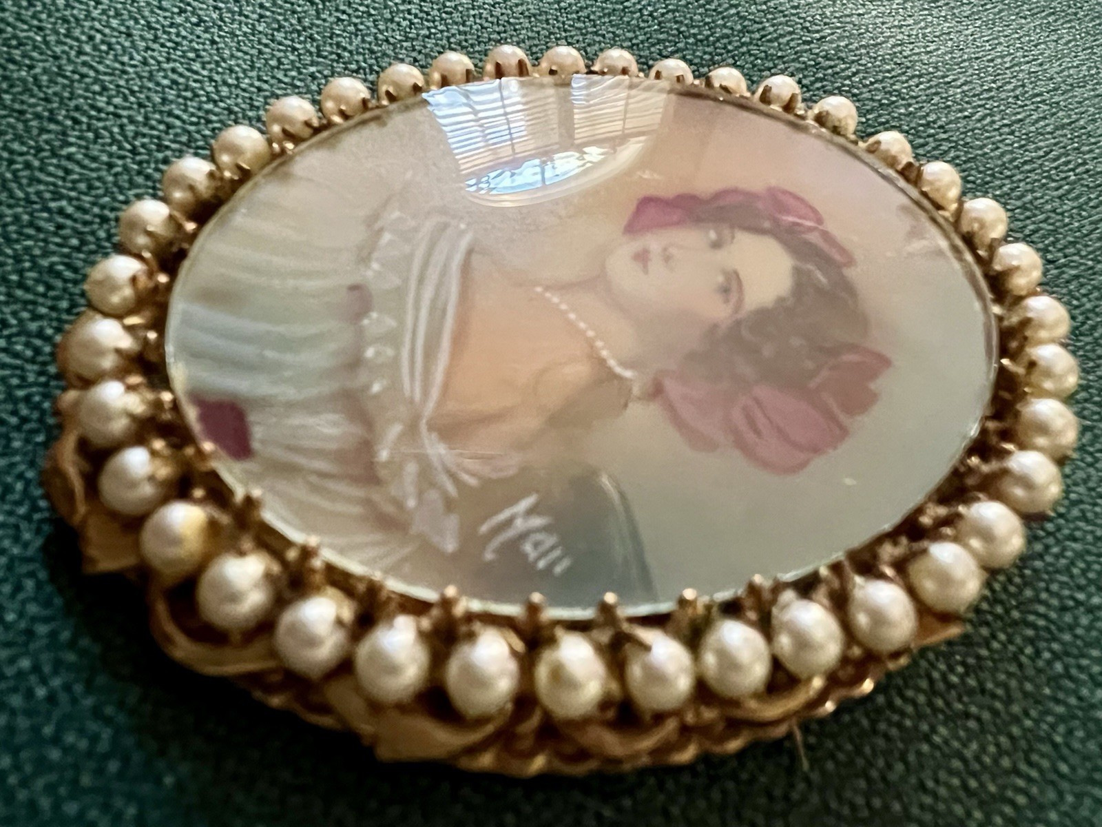 ORIGINAL BY ROBERT SIGNED HAND PAINTED PORTRAIT BROOCH FAUX PEARLS FRAMED SIGNED
