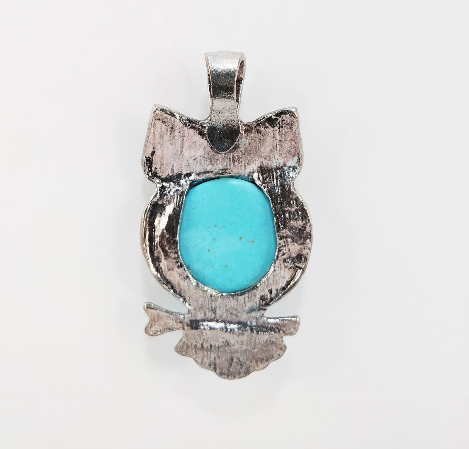 Lovely Vtg Genuine Natural Turquoise Gemstone Rhinestne Owl Design Silvr Pendant