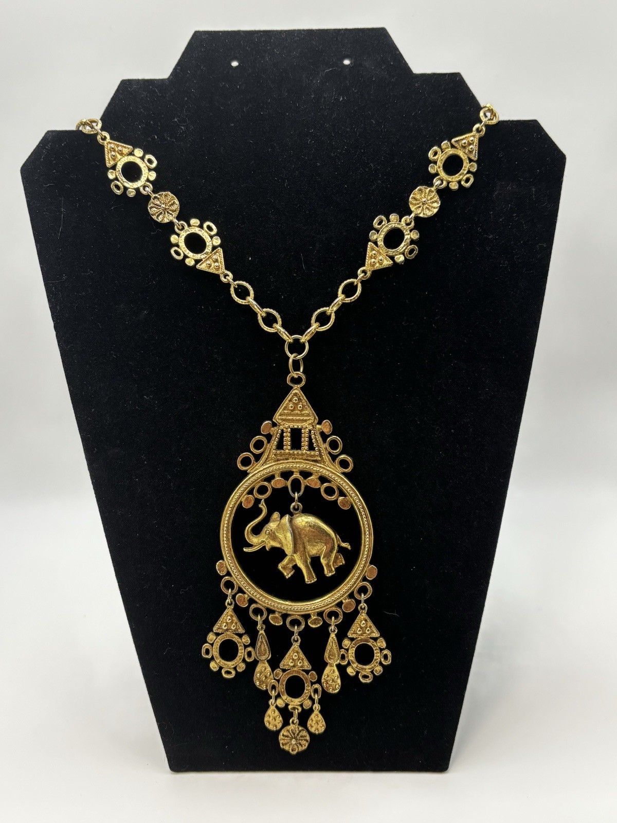 Vintage Statement Gold Tone Textured Fringe ART Exotic Pagoda Necklace Pendant