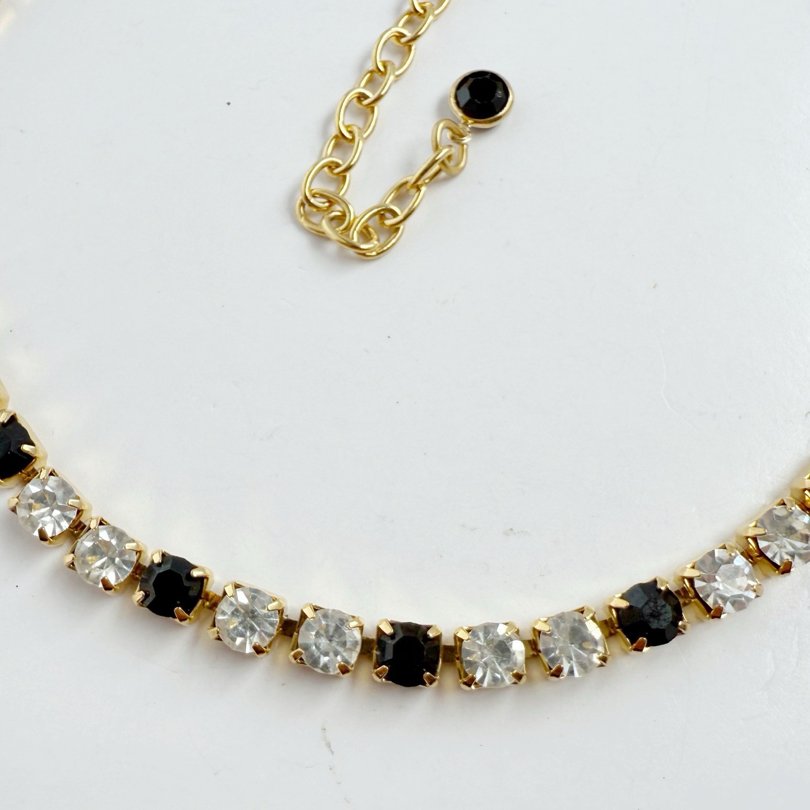 Vintage Trifari Black & Clear Rhinestone Tennis Choker Necklace Goldtone