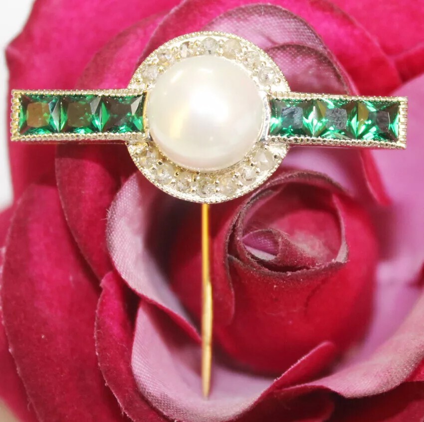 0.85ct Rose Cut Diamond 925 Silver Emerald Pearl Anniversary Wedding Stick Pin