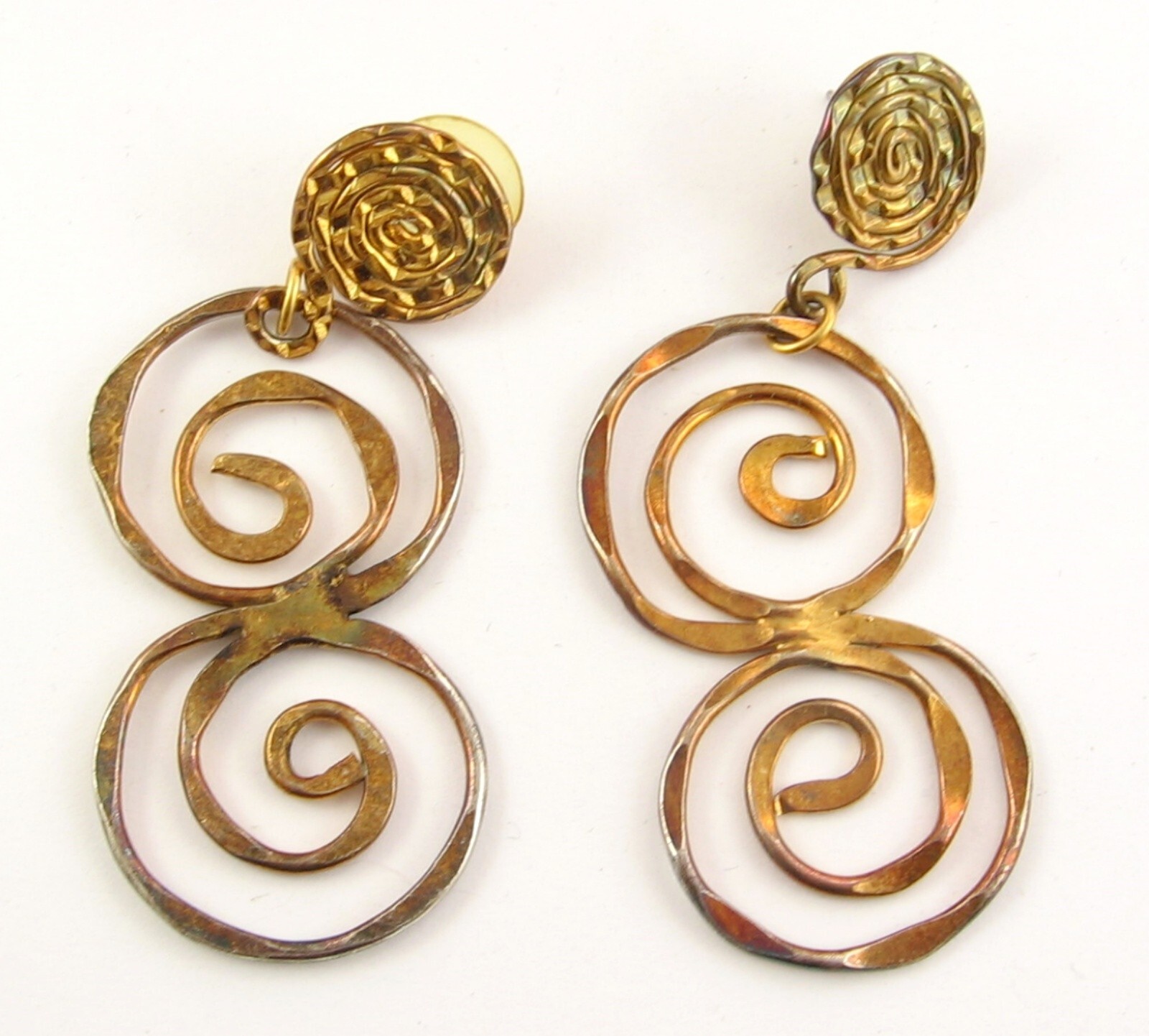 SPIRAL DANGLE EARRINGS Vintage Pierced Post Goldtone Handcrafted Tolarams 2 5/8″