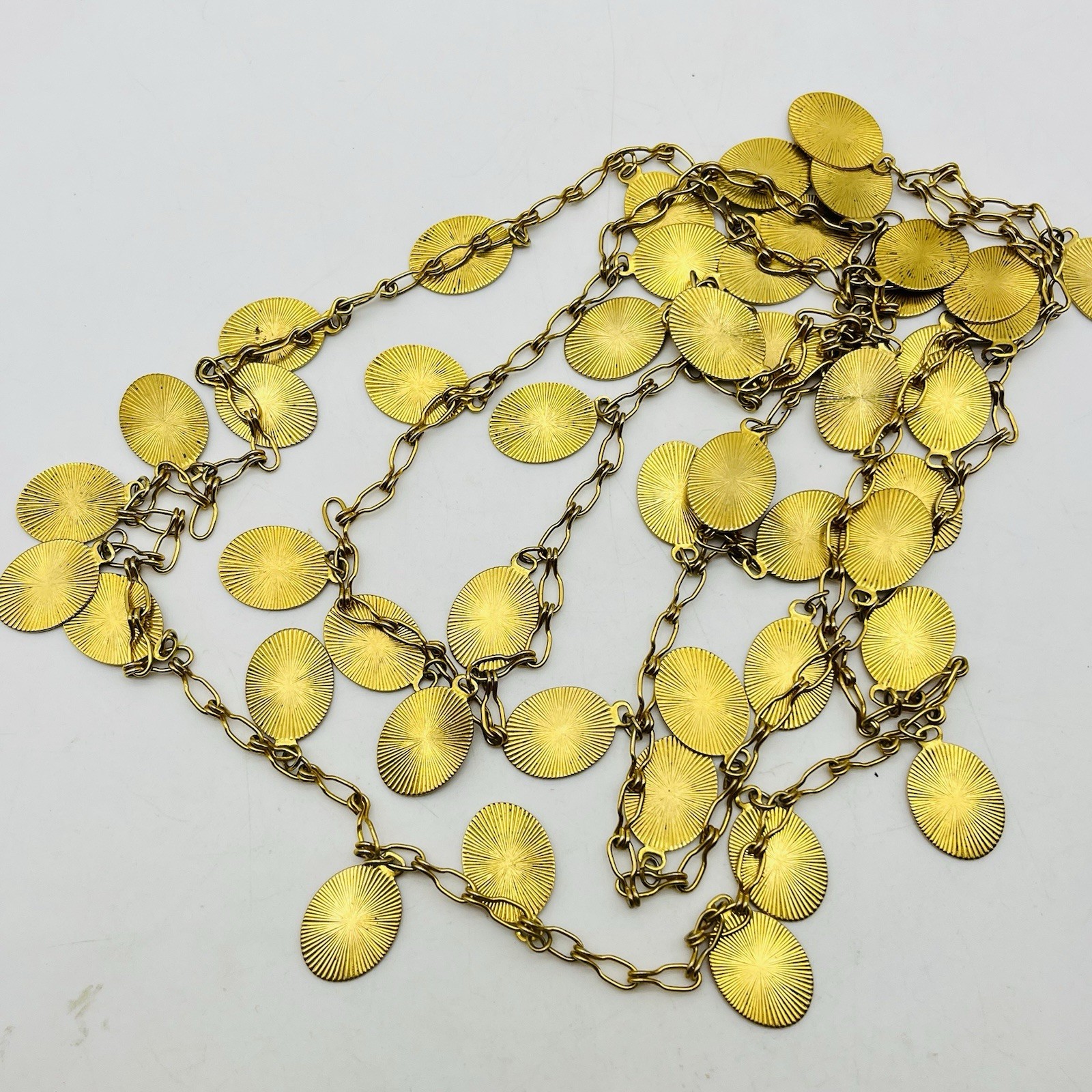 Vintage Coin Link Necklace Gold Tone Etruscan Revival Flapper Opera Length 52″