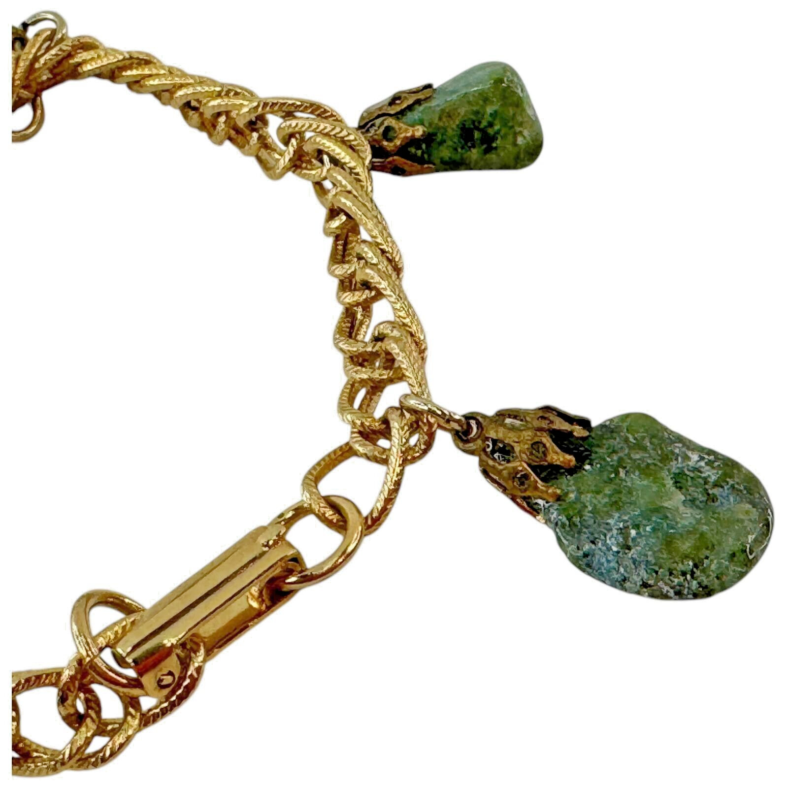Vintage Epidote Polished Jadeite Stone Womens Chain Bracelet Green Gold Tone