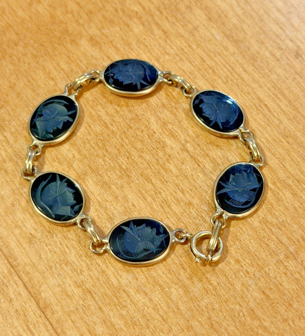 Vintage 1/20 12K Gold Filled Black Intaglio Warrior Cameo Link Bracelet 7.5″