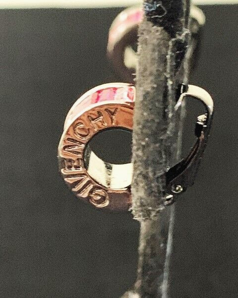 VTG Signed GIVENCHY GUNMETAL Tone HOT PINK Rhinestone Half Hoop Clip Earrings