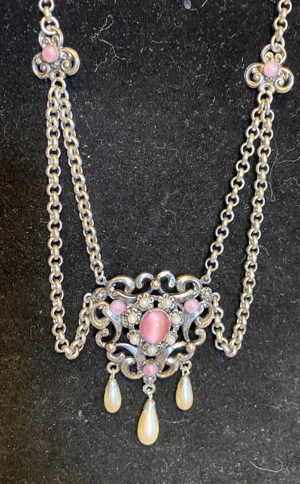 1950s vintage Swag Festoon Revival Necklace Silvertone Faux Pink Moonstone Pearl