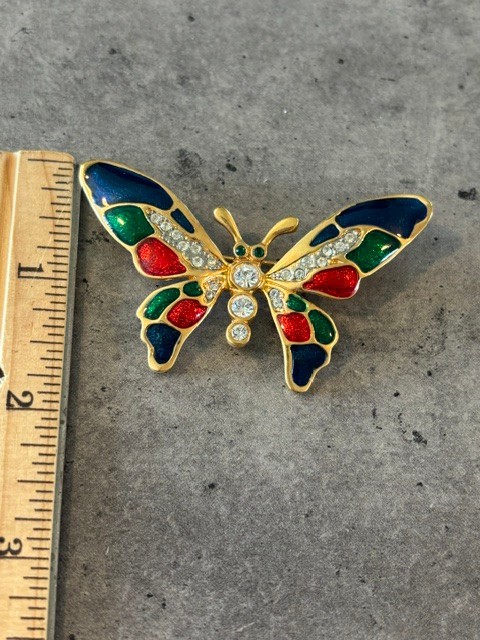 Vintage Blue Red Green Enamel Butterfly Brooch Gold Tone Crystal Rhinestone Pin
