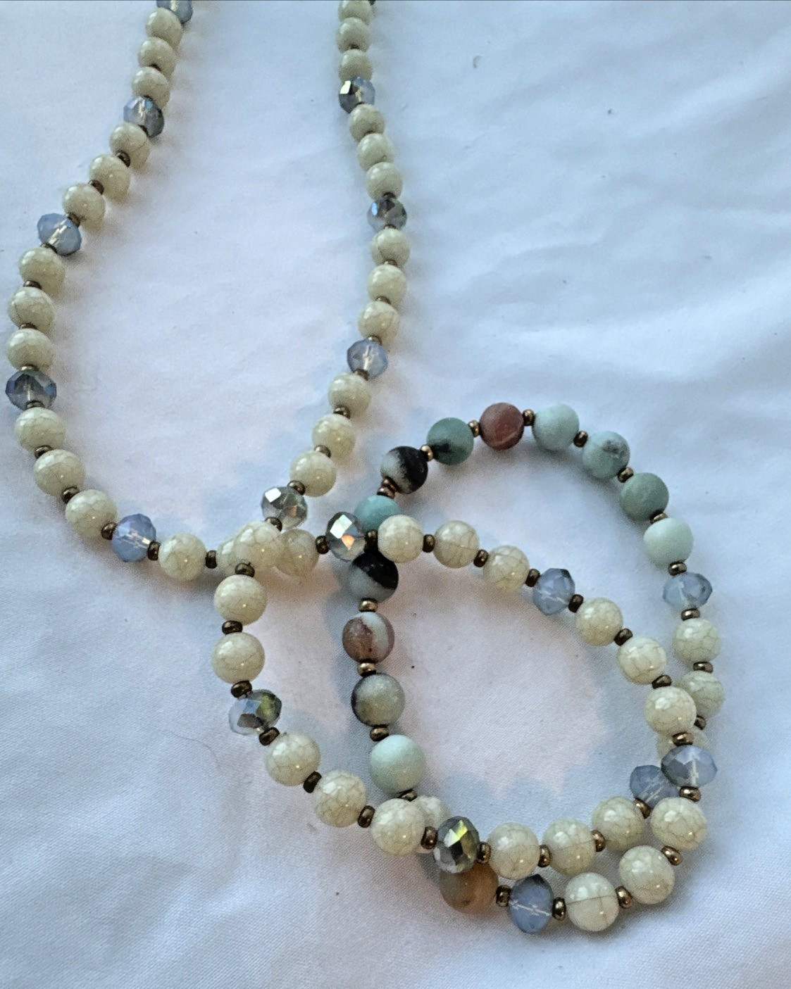 VTG Faceted Mixed Glass & Crystals Aventurine Jasper Quartz Stone long Necklace