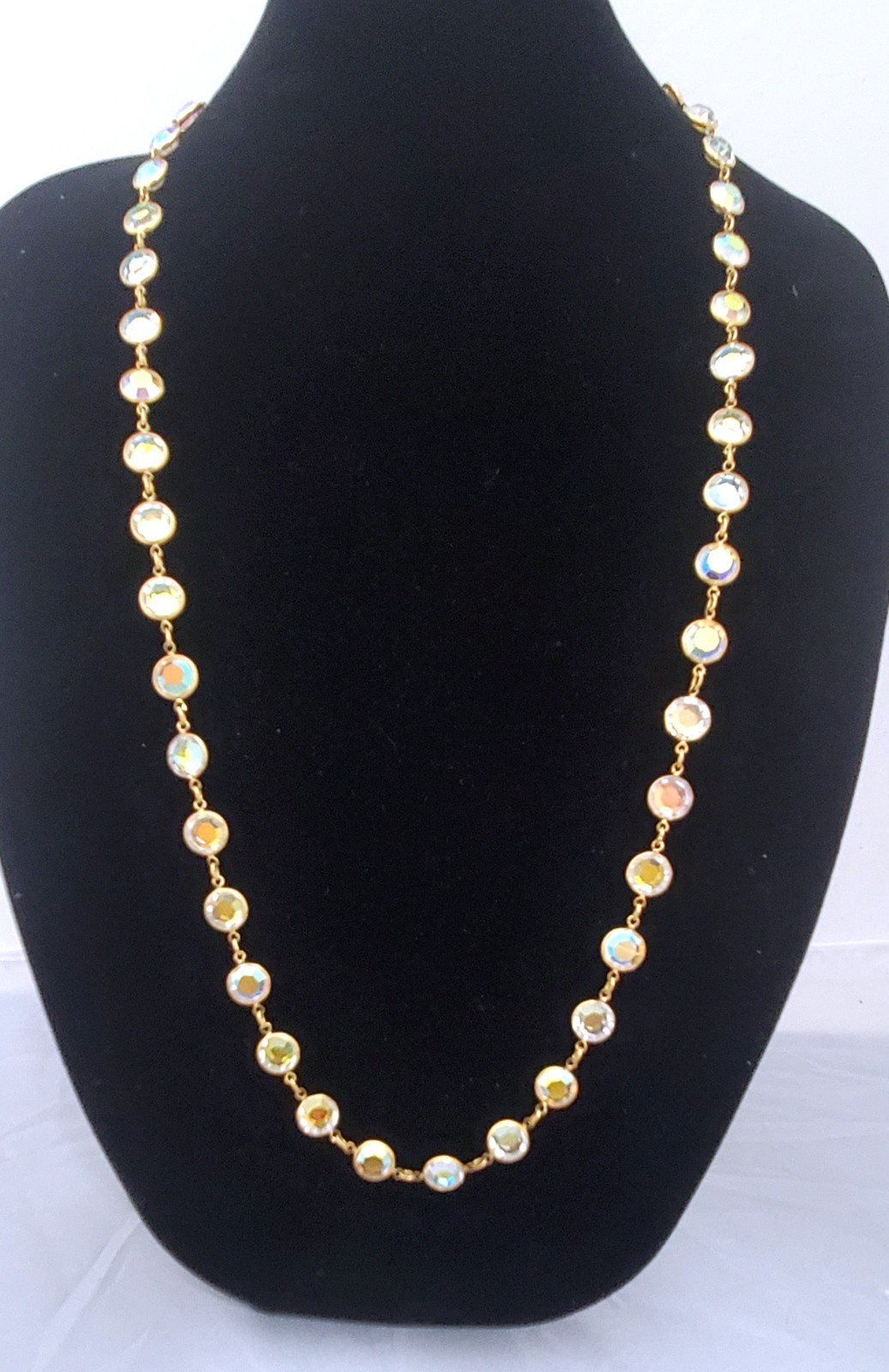 Vintage Aura Borealis Peacock Faceted Round Crystal Necklace Brilliant 35″ Long