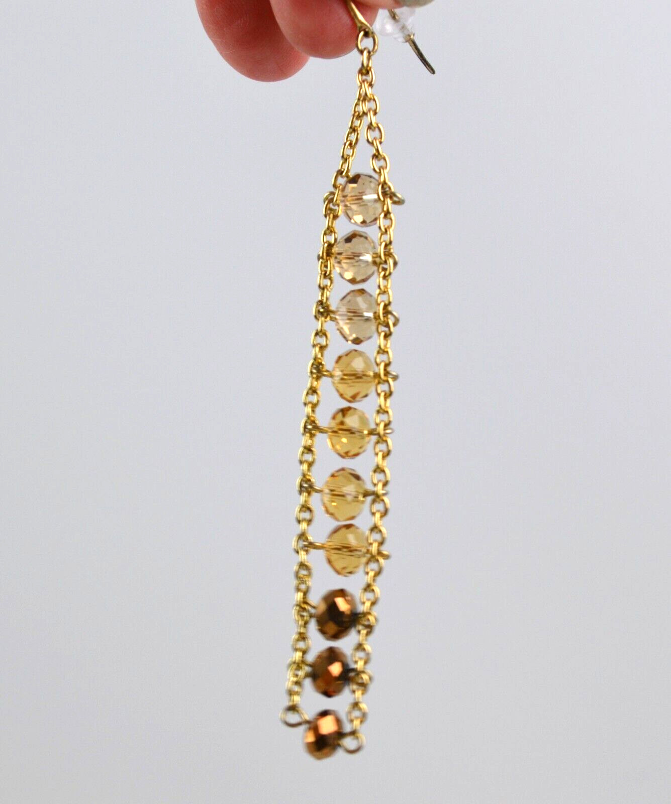 Gold Tone Dangle Pierced Hook Earrings Row of Gold Color Faceted Beads 4.5″