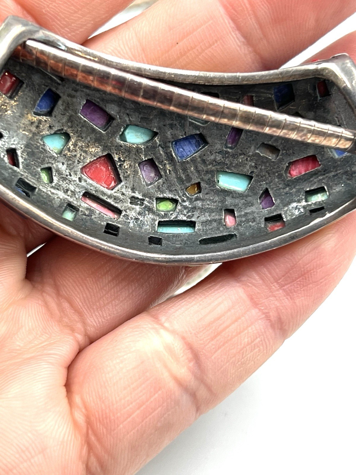 Sterling Silver Mosaic Pendant Necklace Multicolor Inlay Vintage