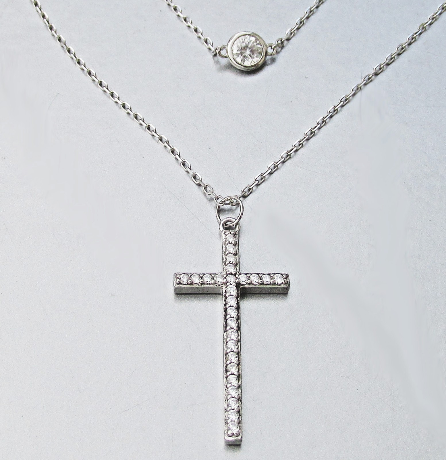 Vintage 2 Strand Sterling Silver CZ Cubic Zirconia CROSS Pendant Necklace