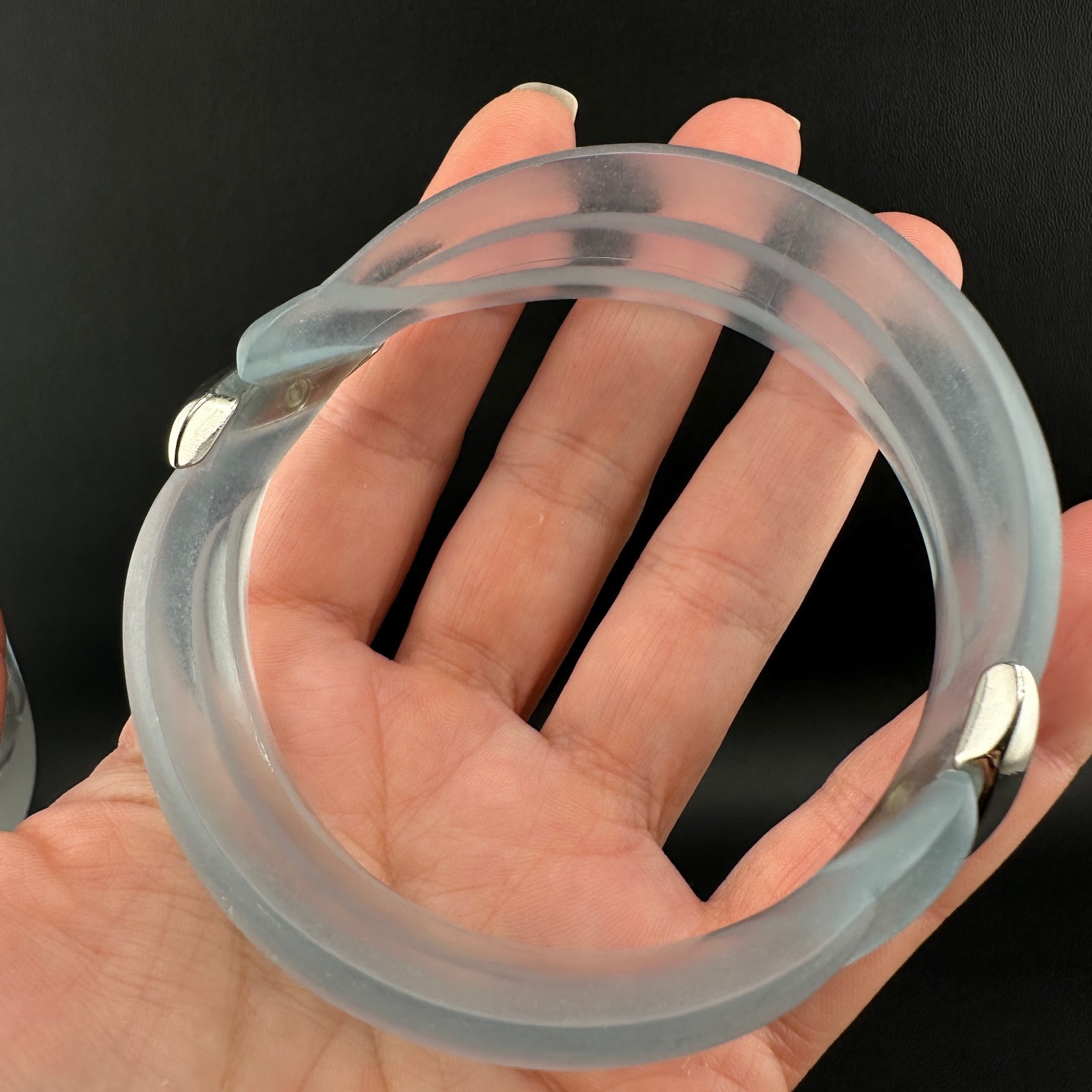 Vintage Lucite Bangle Bracelet Frosted Baby Blue Ribbed Dimensional Wave Signed