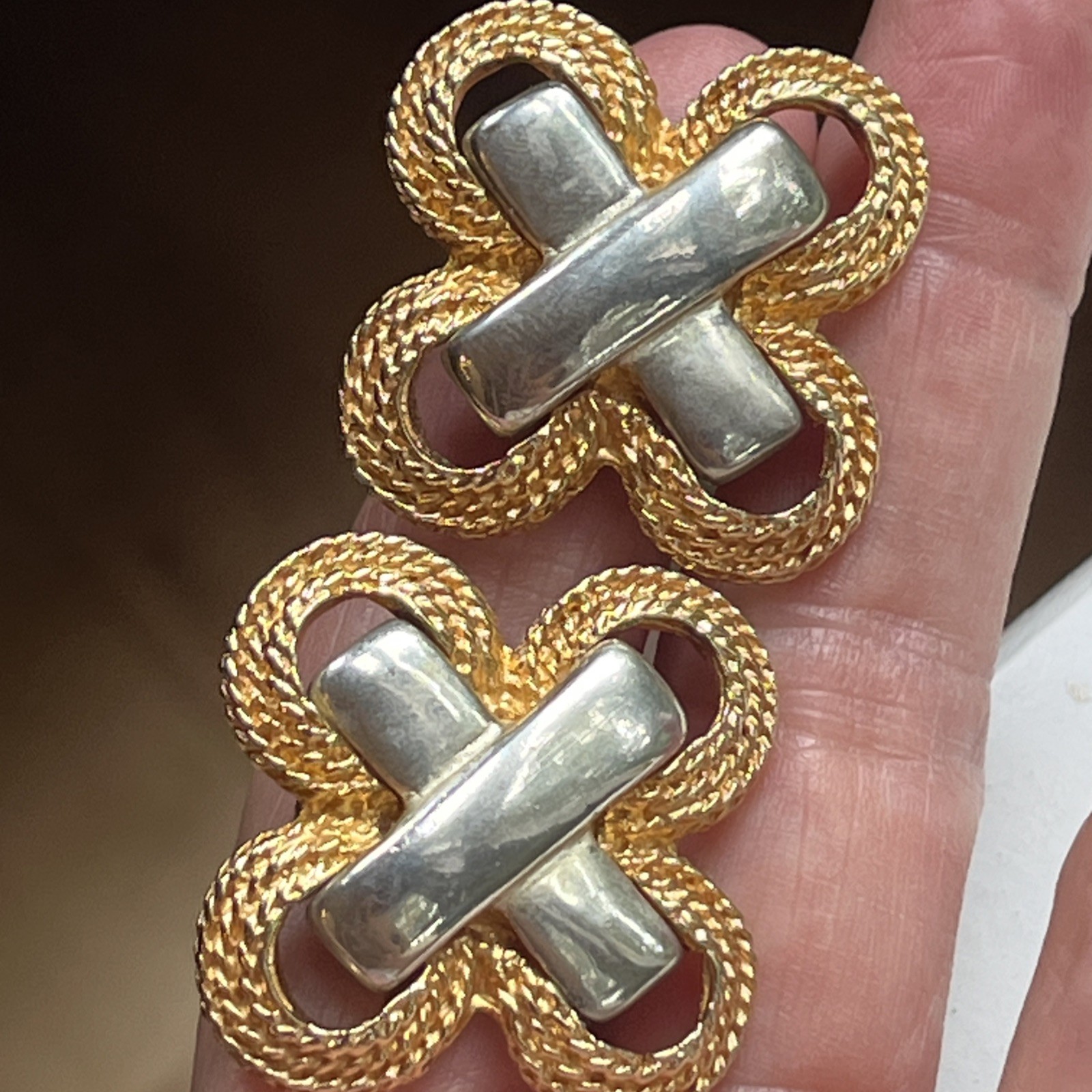 Vintage Gay Boyer Two Tone Gold Silver Braided Statement Clip On Earrings 1980s