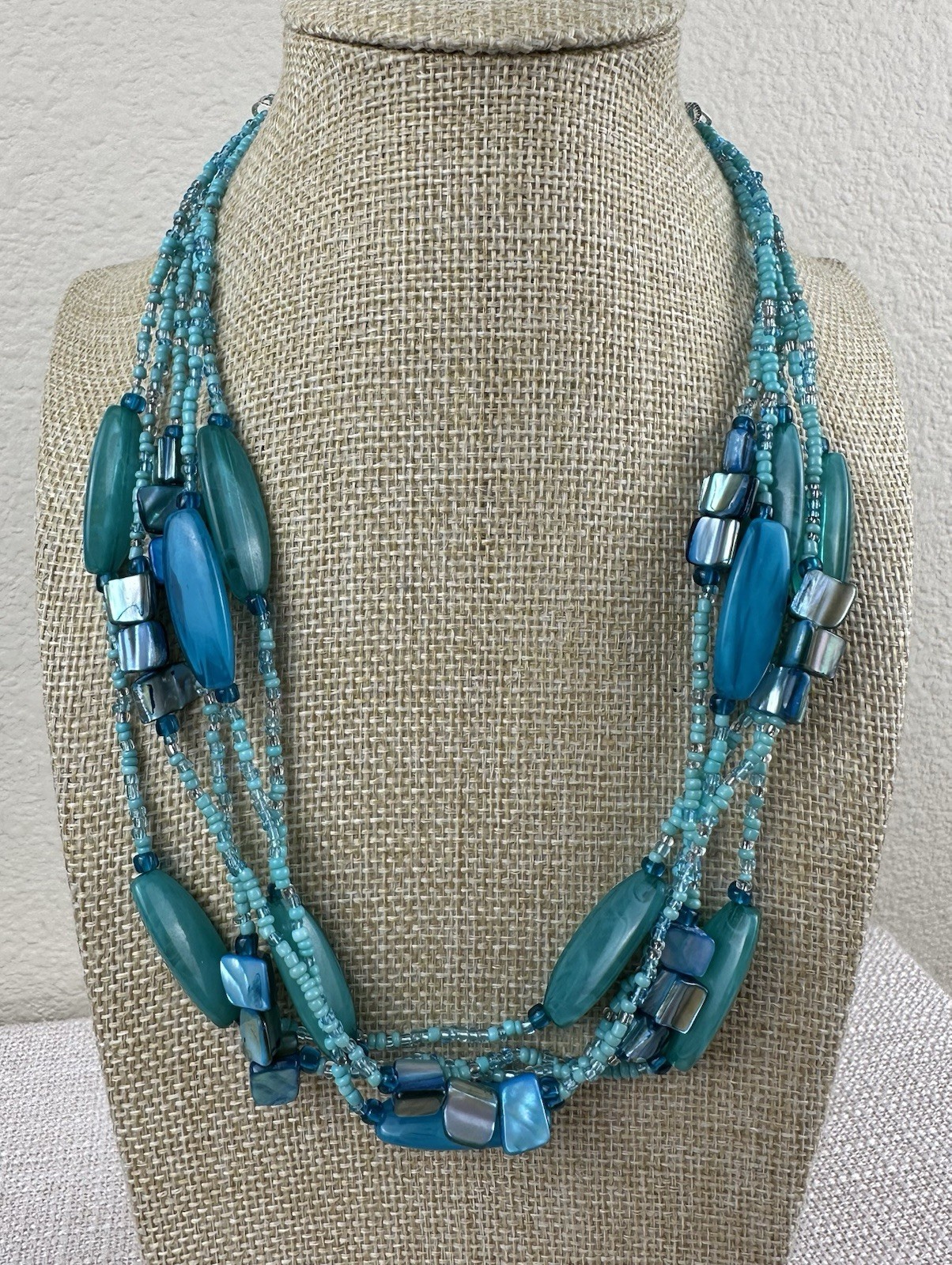 Multi Strand Necklace with Aqua Blue Dyed Abalone Shell & Acrylic Beads 18″-20″