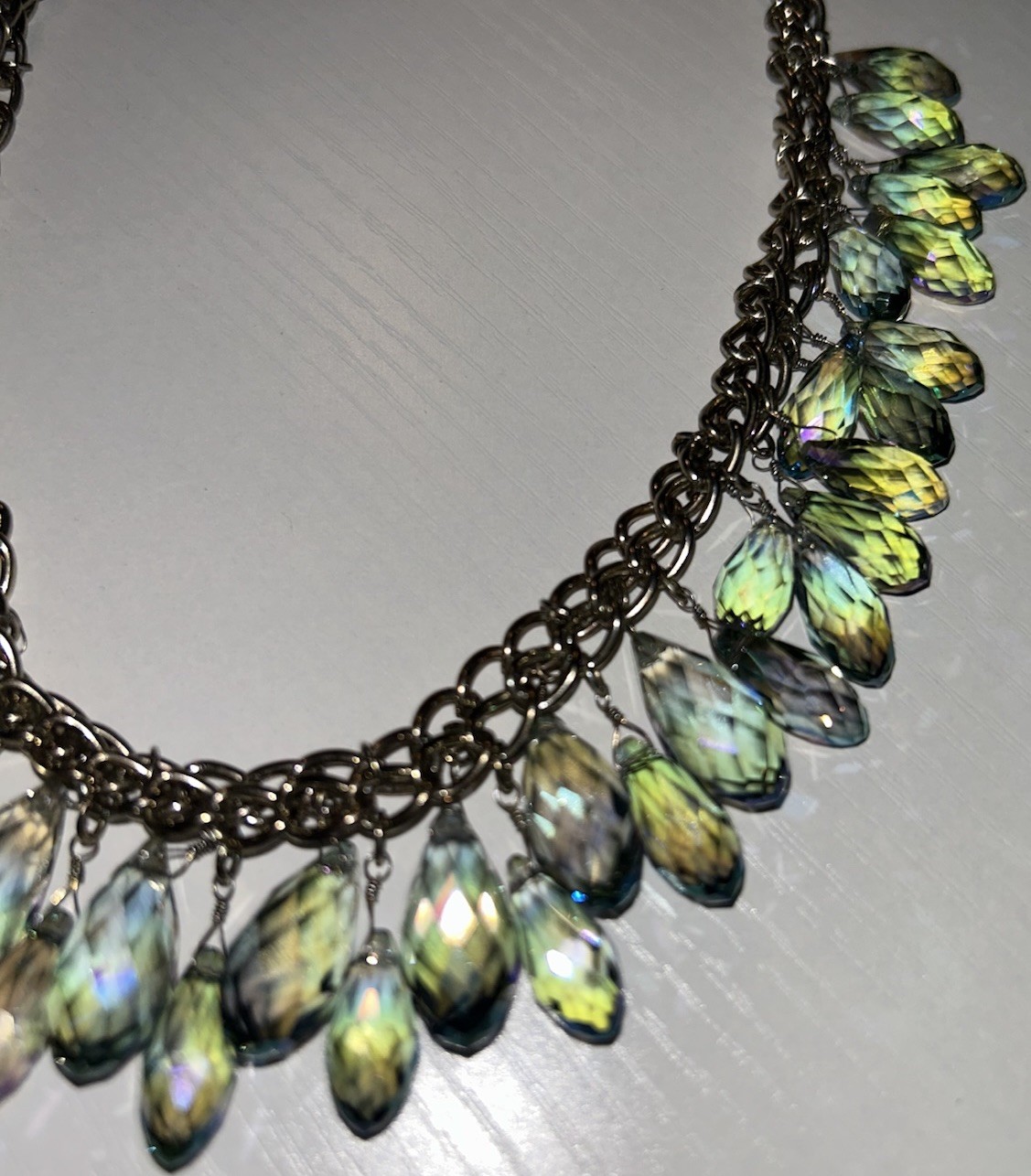 Vintage AB Crystal Teardrop Fringe Necklace Iridescent Glass Statement Bib 26”