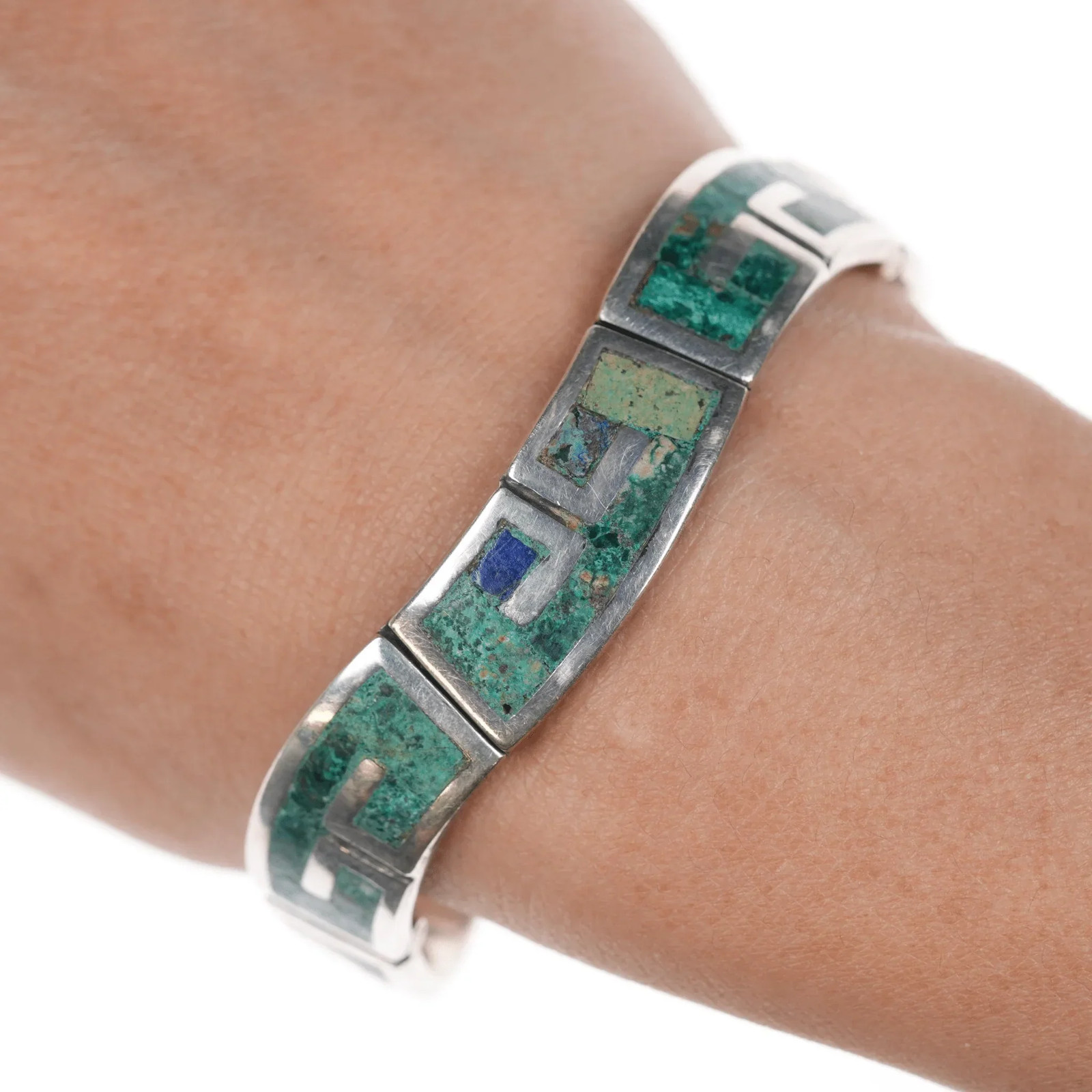 1950’s Los Castillo Sterling chrysocolla inlay 14″ choker necklace 7″ bracelet
