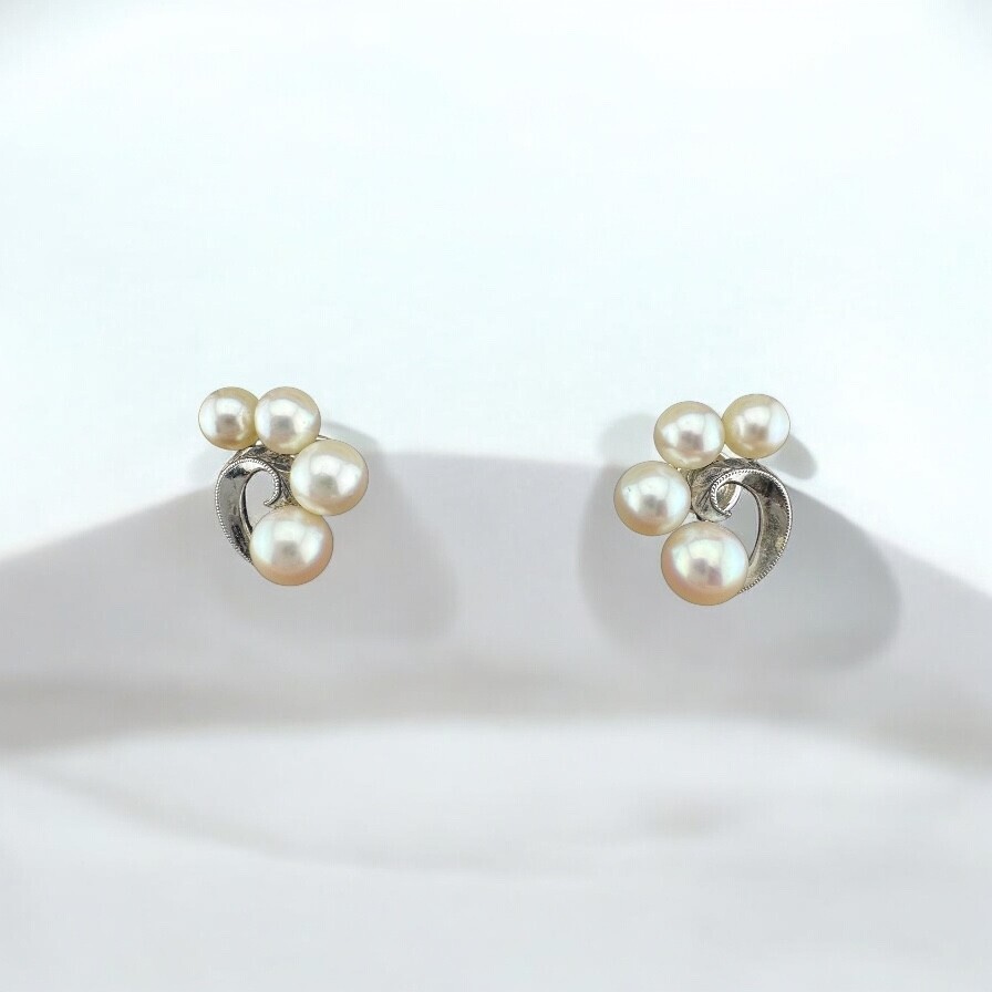 Vintage Mikimoto Sterling Silver Pearl Screw Back Earrings with Original Box