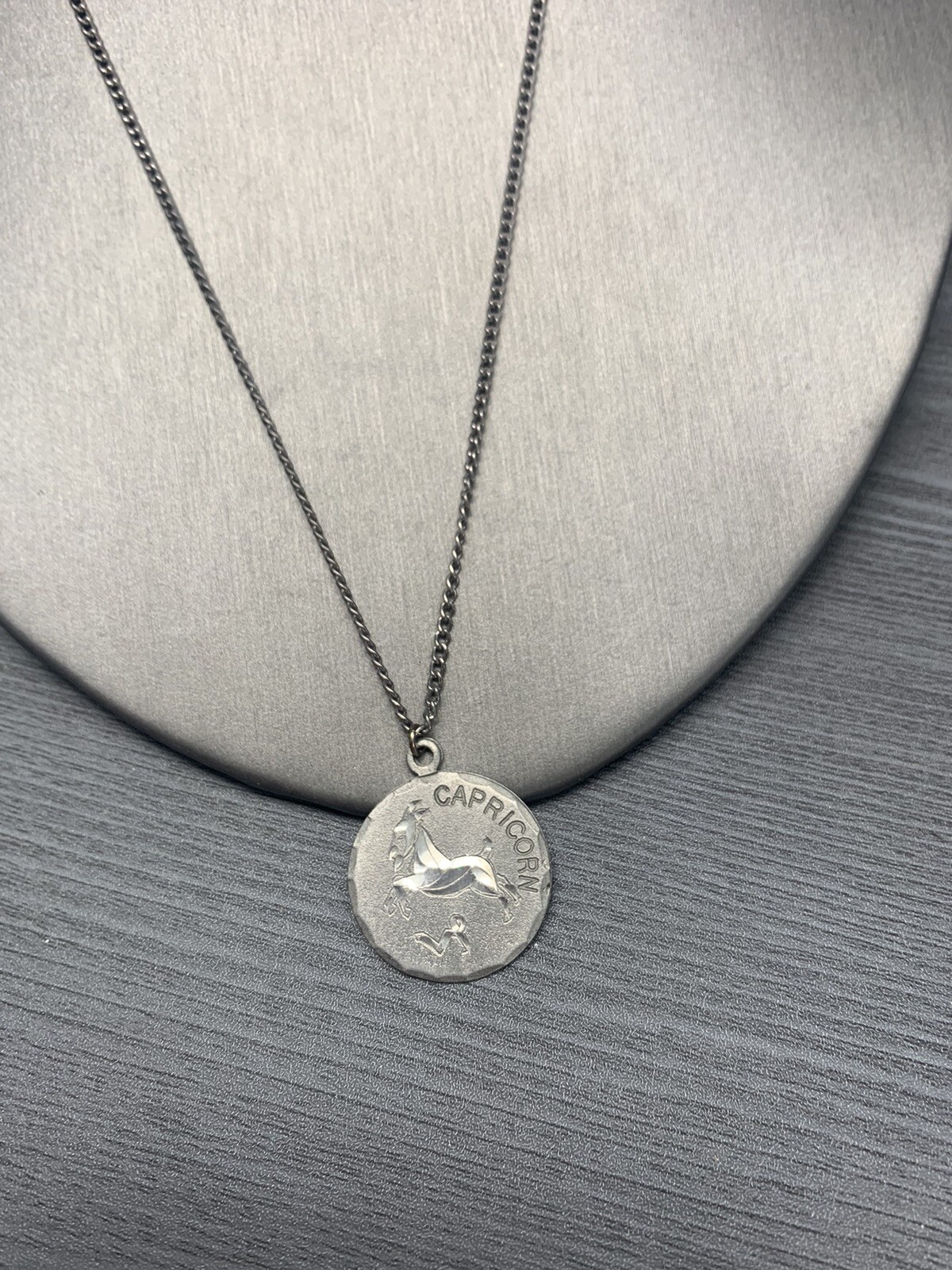 Vintage Pewter BDA Zodiac astrology Capricorn Engraved Pendant Necklace 18”