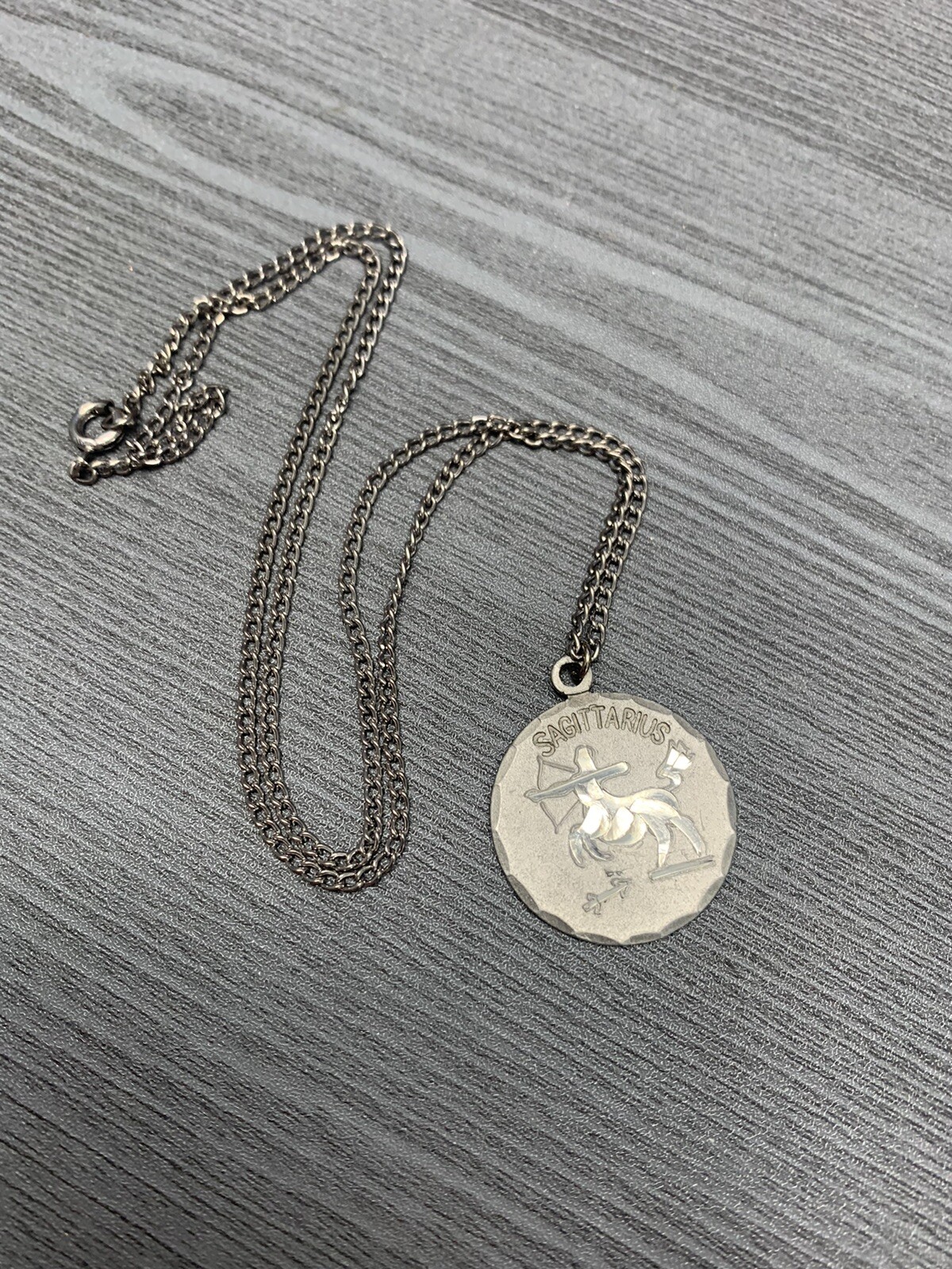 Vintage Pewter BDA Zodiac astrology Sagittarius Engraved Pendant Necklace 18”