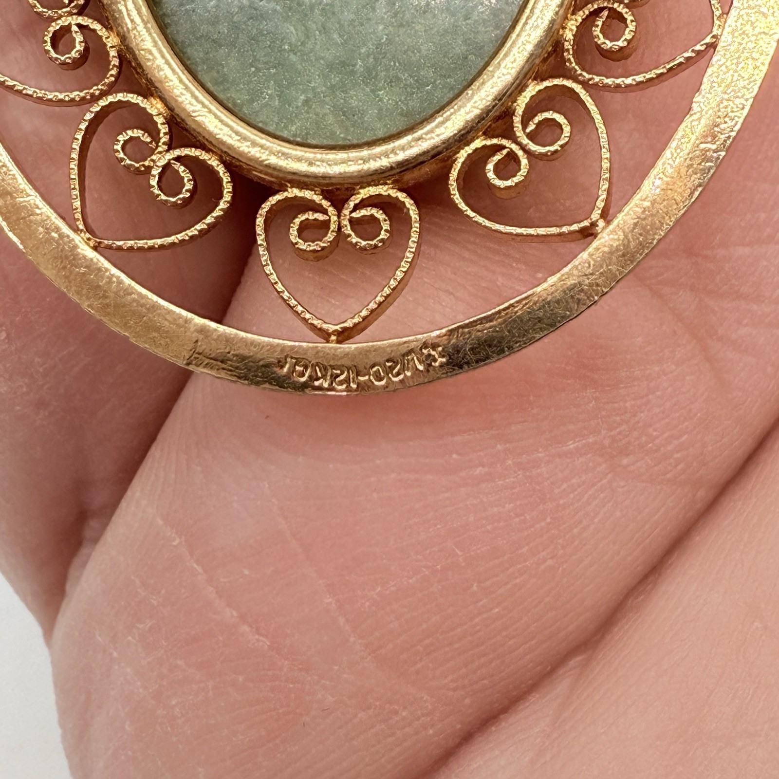 Vintage 1/20 12K GF Yellow Gold Filled Moss Agate Brooch 1 1/4” x 1 1/2”