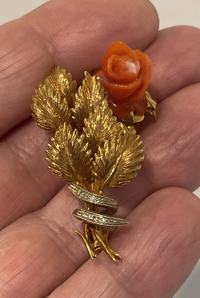 18K Solid Yellow White Gold Viennese Coral Carved Rose 1.75” Long 10.43g