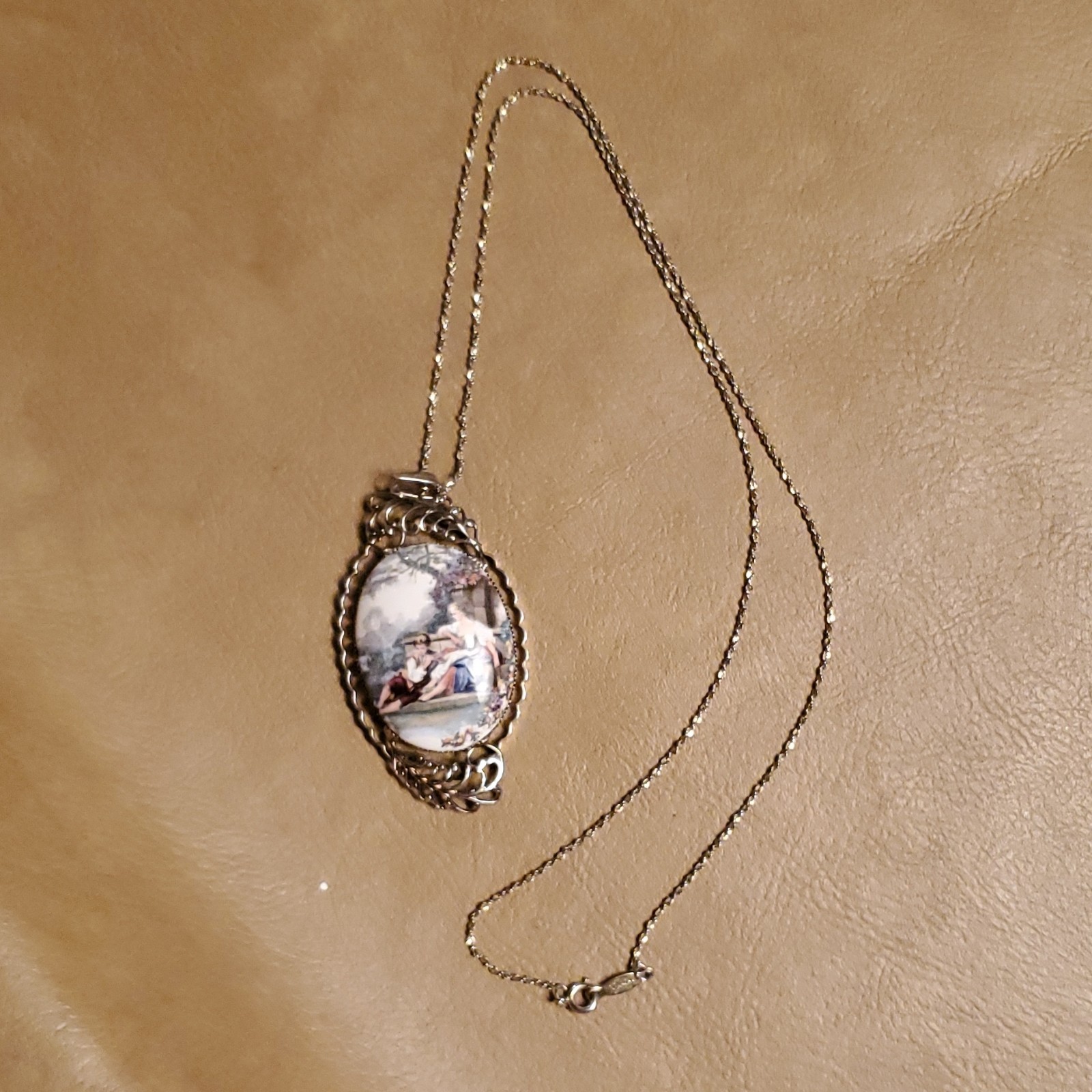 Vintage Gold Tone and Porcelain necklace 2 1/2 inch Courtship Scene A Rare Find