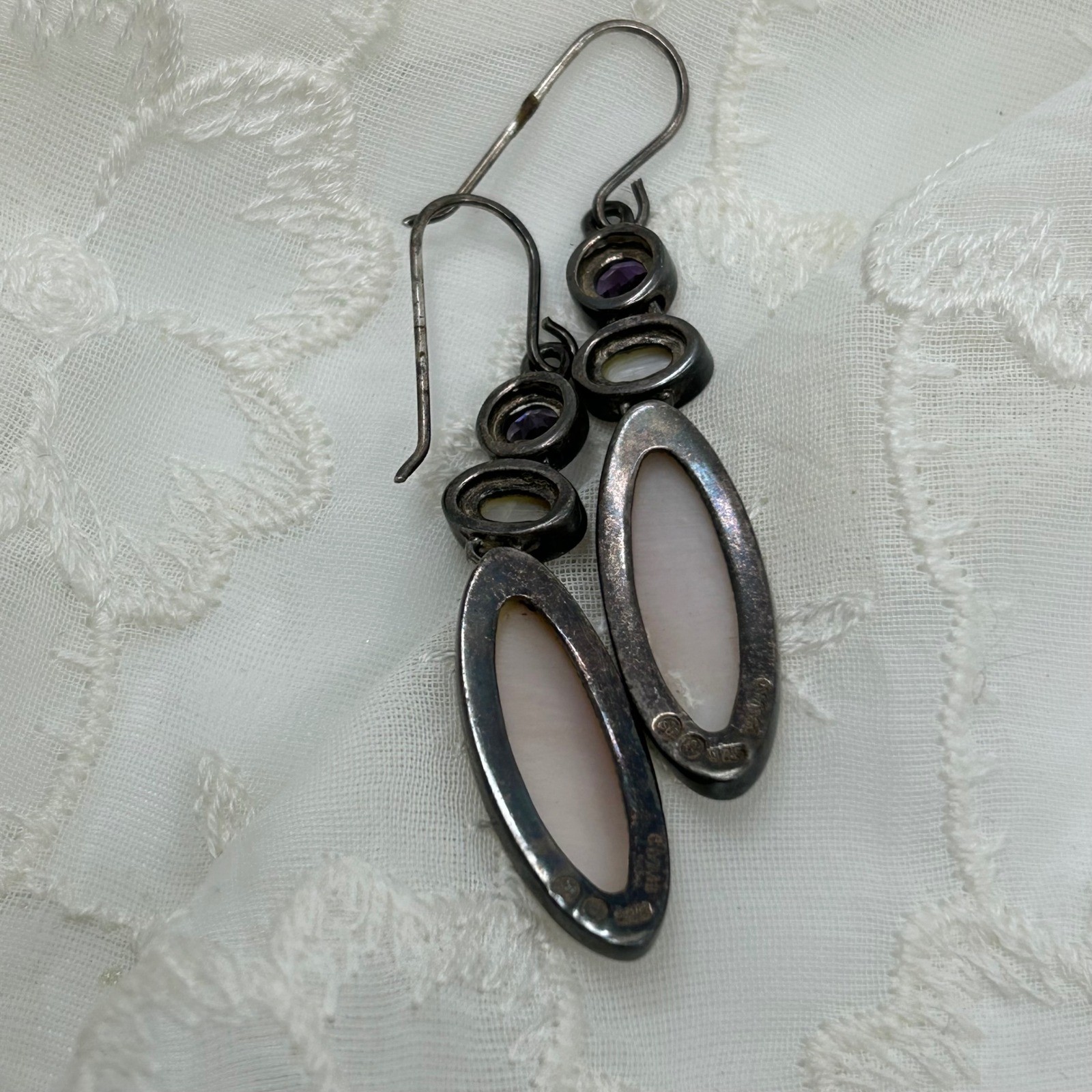 Vintage Sterling Silver Drop Earrings Amethyst/Purple Stone Shell Stone