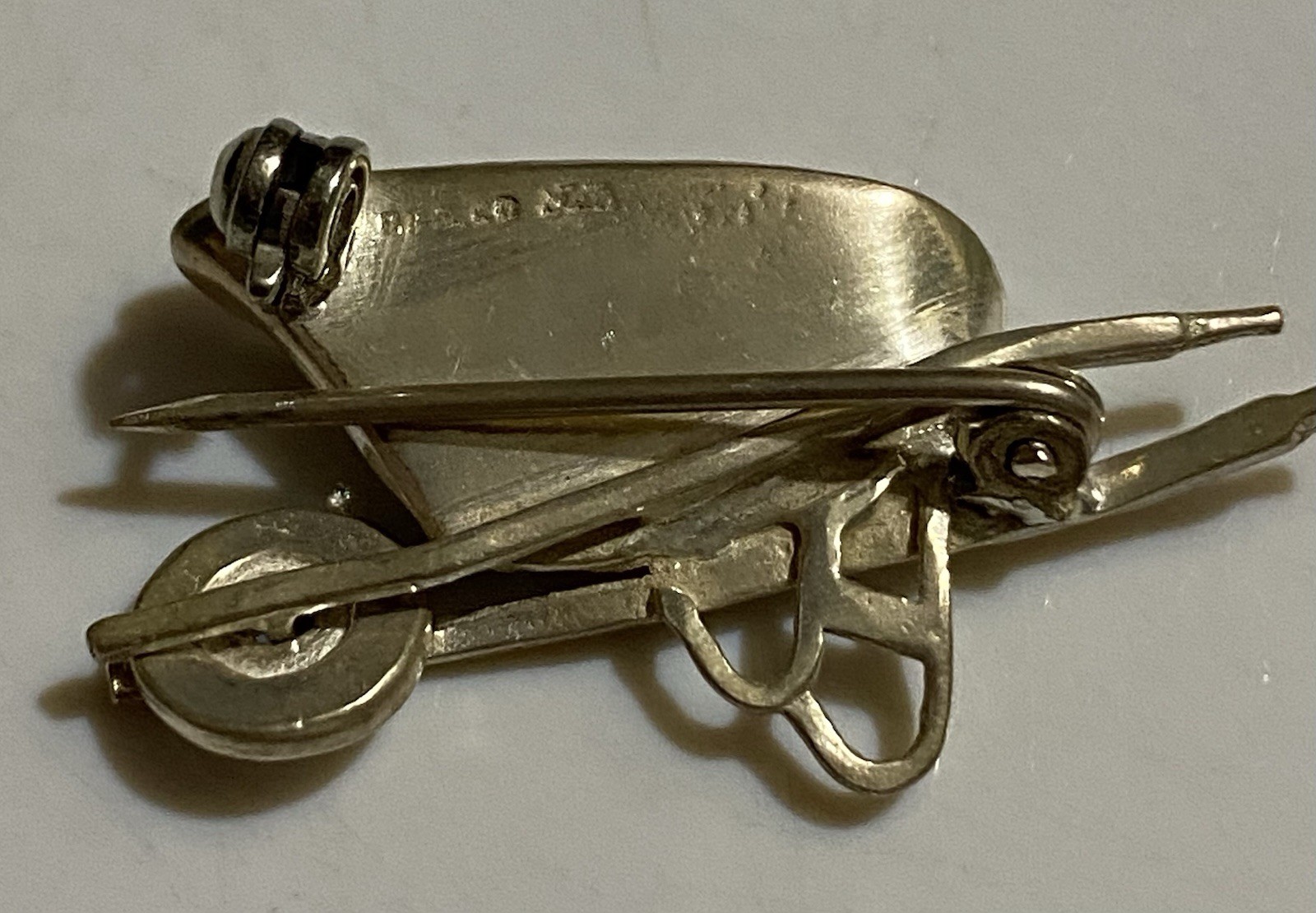 Vintage Wheelbarrow Pin Sterling Silver Front Tire Turns Almost 1.5”