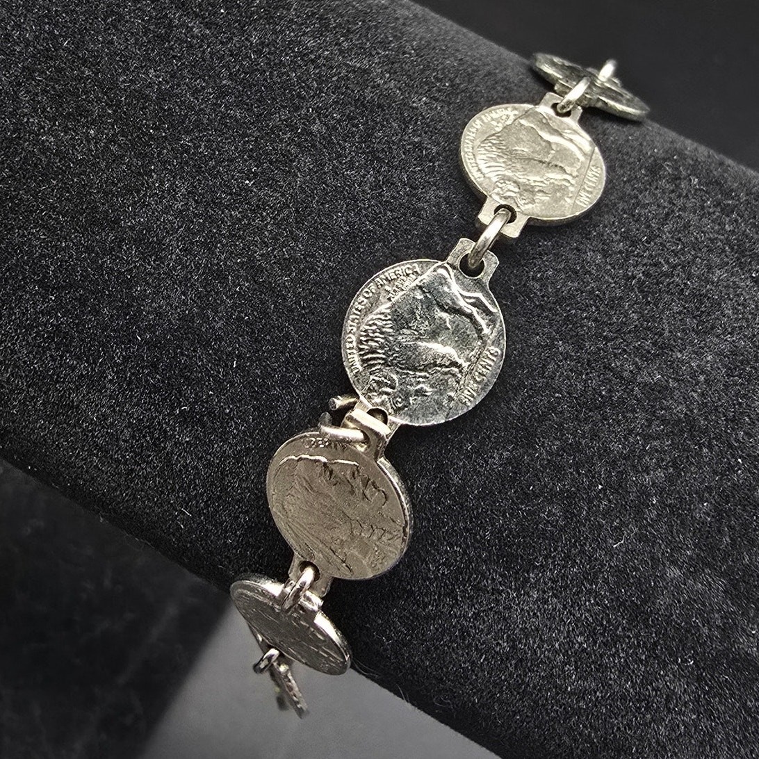 Vintage Faux Buffalo Nickel Coin Bracelet Silver Tone Currency Jewelry