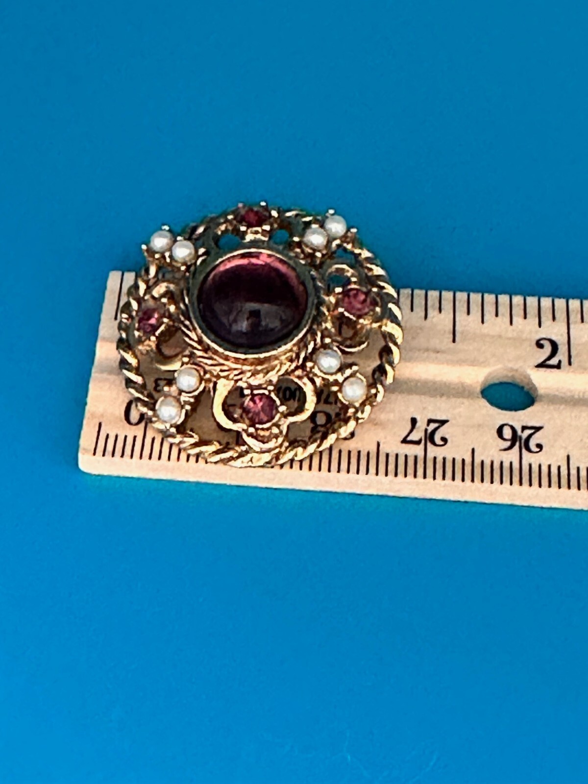 Estate Brooch Vtg Moon Glow Cabochon Gripoix Glass Rhinestone/Pearls Gold Tone